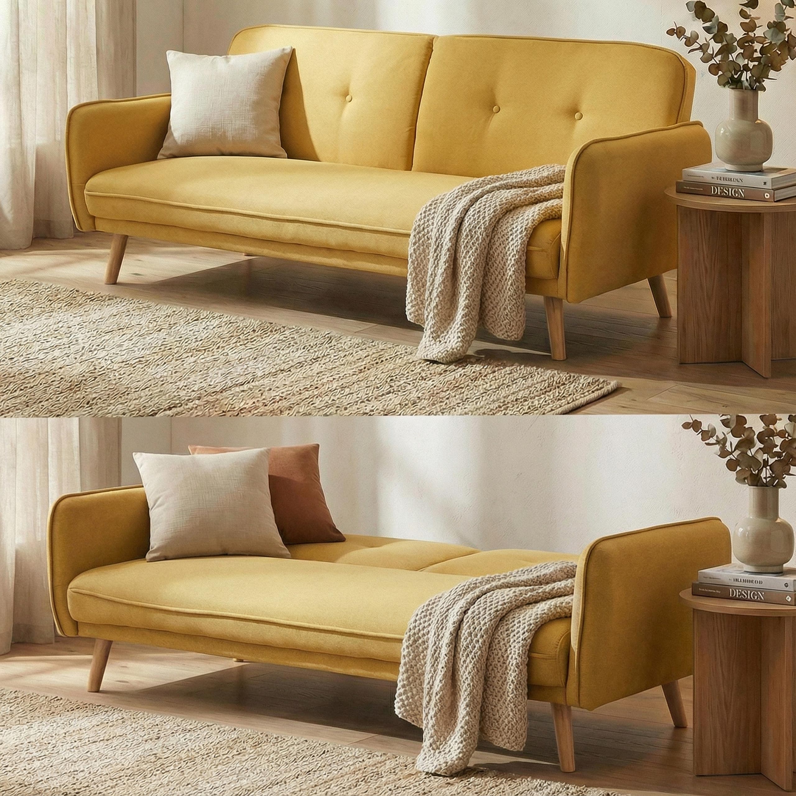 Schlafsofa MCW-J18, Couch Klappsofa G&auml;stebett Bettsofa, Schlaffunktion Stoff/Textil 185cm ~ gelb 
