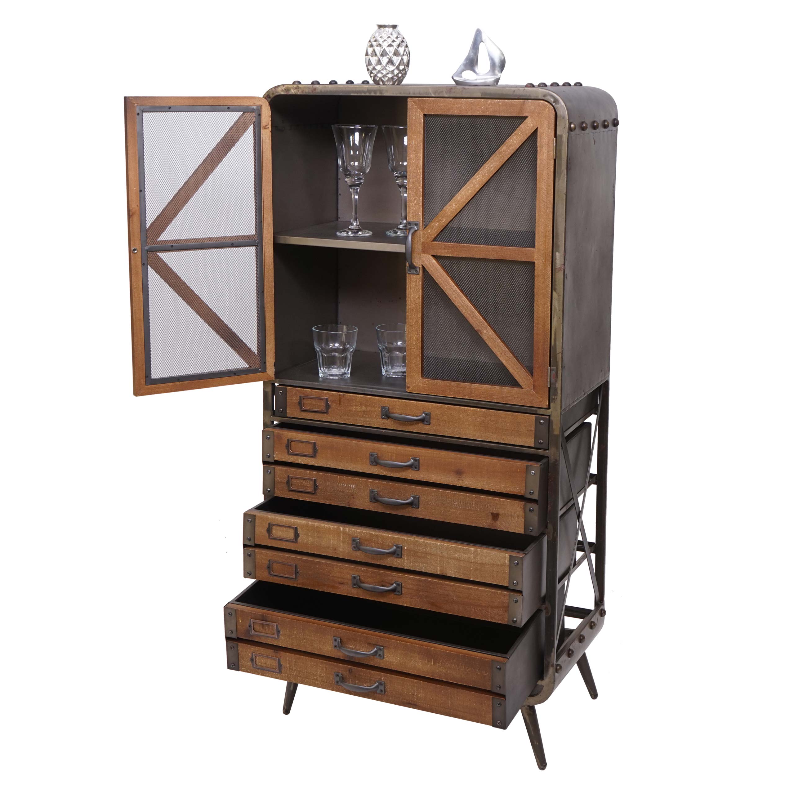 Hochschrank MCW-F91, Apothekerschrank Wohnzimmerschrank, Industrial Tanne Holz Metall 128x60x33cm, braun-schwarz 