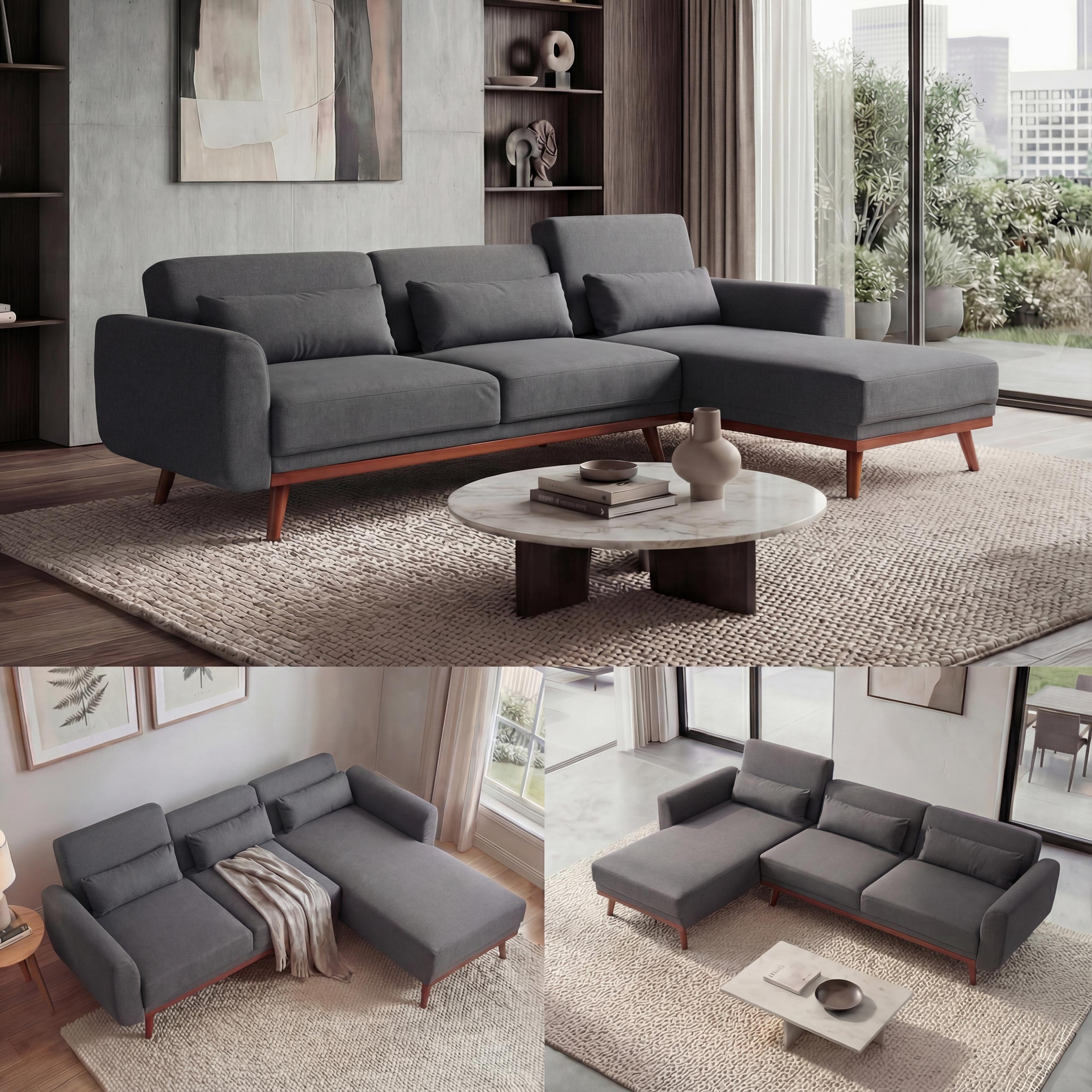 Sofa MCW-J20, Couch Ecksofa, L-Form 3-Sitzer Liegefl&auml;che Schlaffunktion Stoff/Textil 280cm ~ anthrazit-grau 
