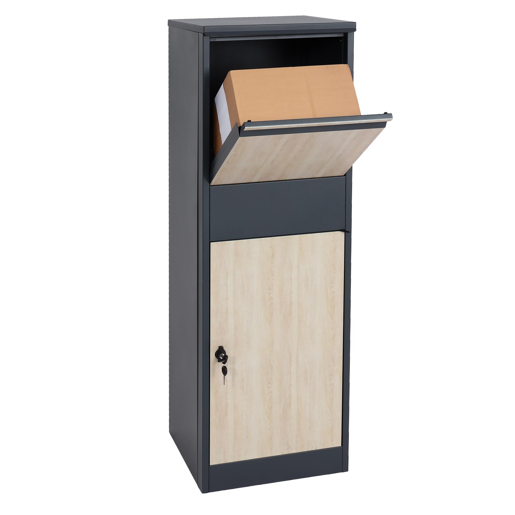 Paketkasten -G80, Paketbox Standbriefkasten Paketbriefkasten Größe XL ~ verzinkt anthrazit, Holzoptik hell