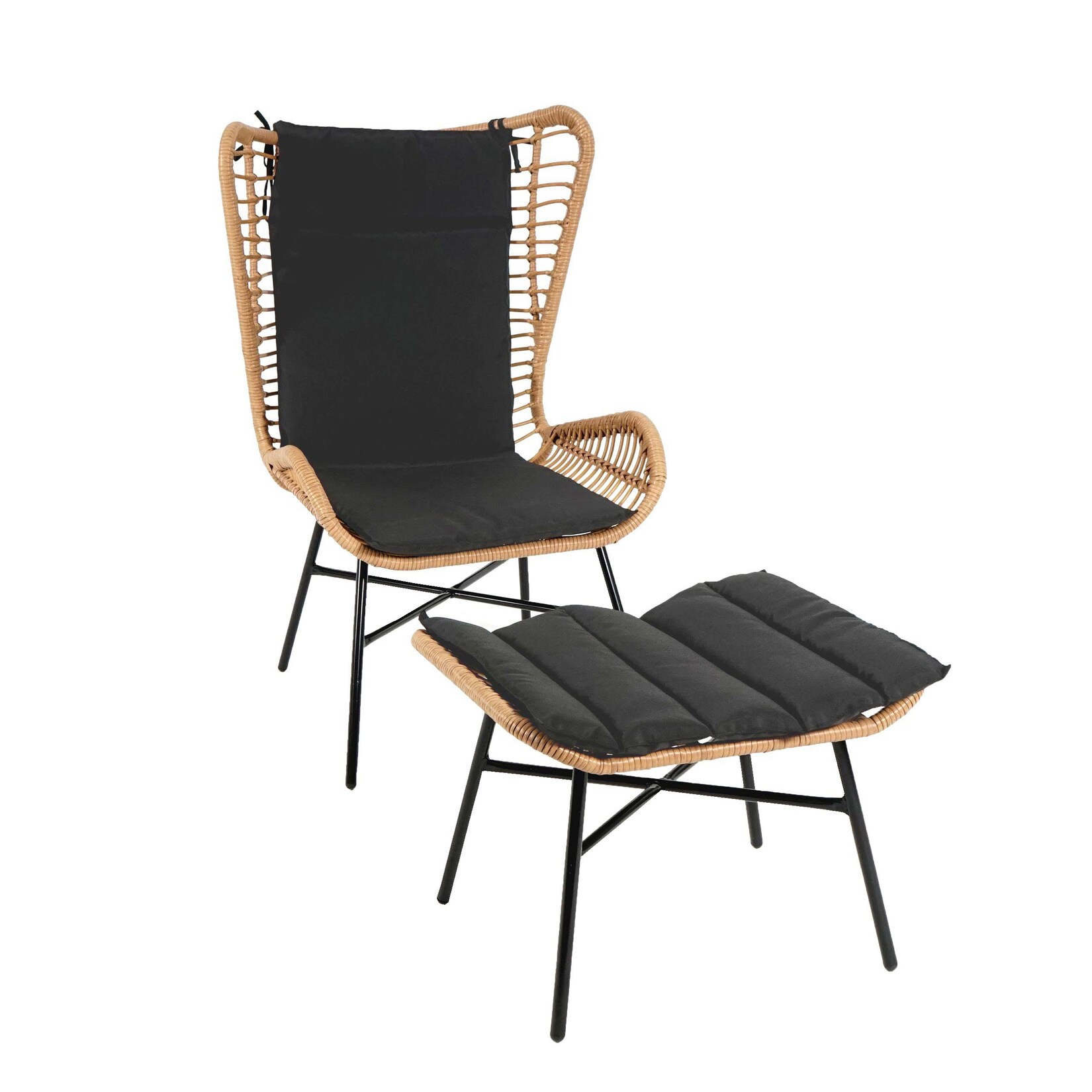 Poly-Rattan Set -G17b, Balkon-Set Gartengarnitur Sitzgruppe Stuhl+Hocker Sessel, Seil ~ naturfarben, Kissen anthrazit