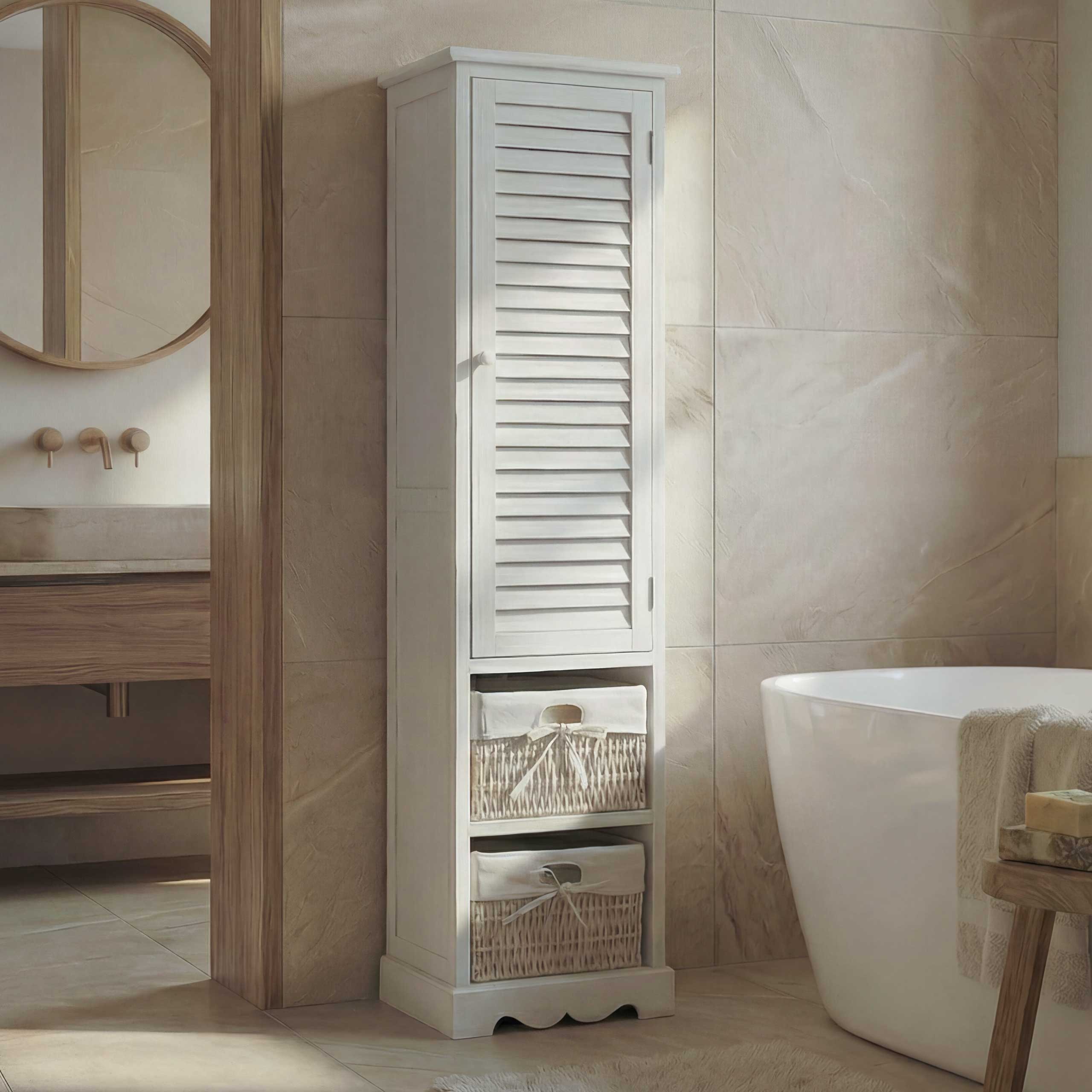 Badezimmerkommode MCW-H20, Badezimmer Schrank Badschrank Badregal, 120x27x29cm Massiv-Holz ~ shabby wei&szlig; 