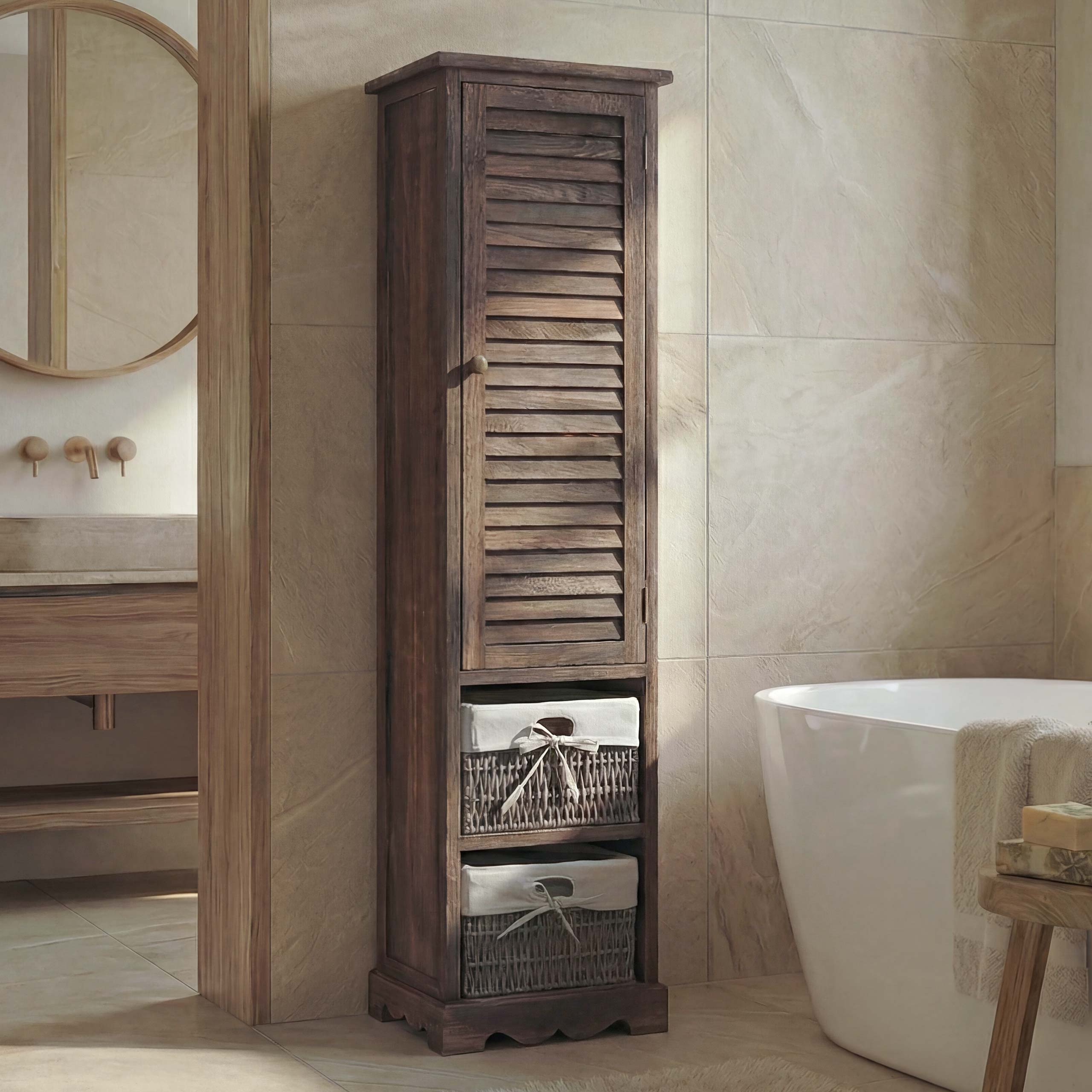 Badezimmerkommode MCW-H20, Badezimmer Schrank Badschrank Badregal, 120x27x29cm Massiv-Holz ~ shabby braun 