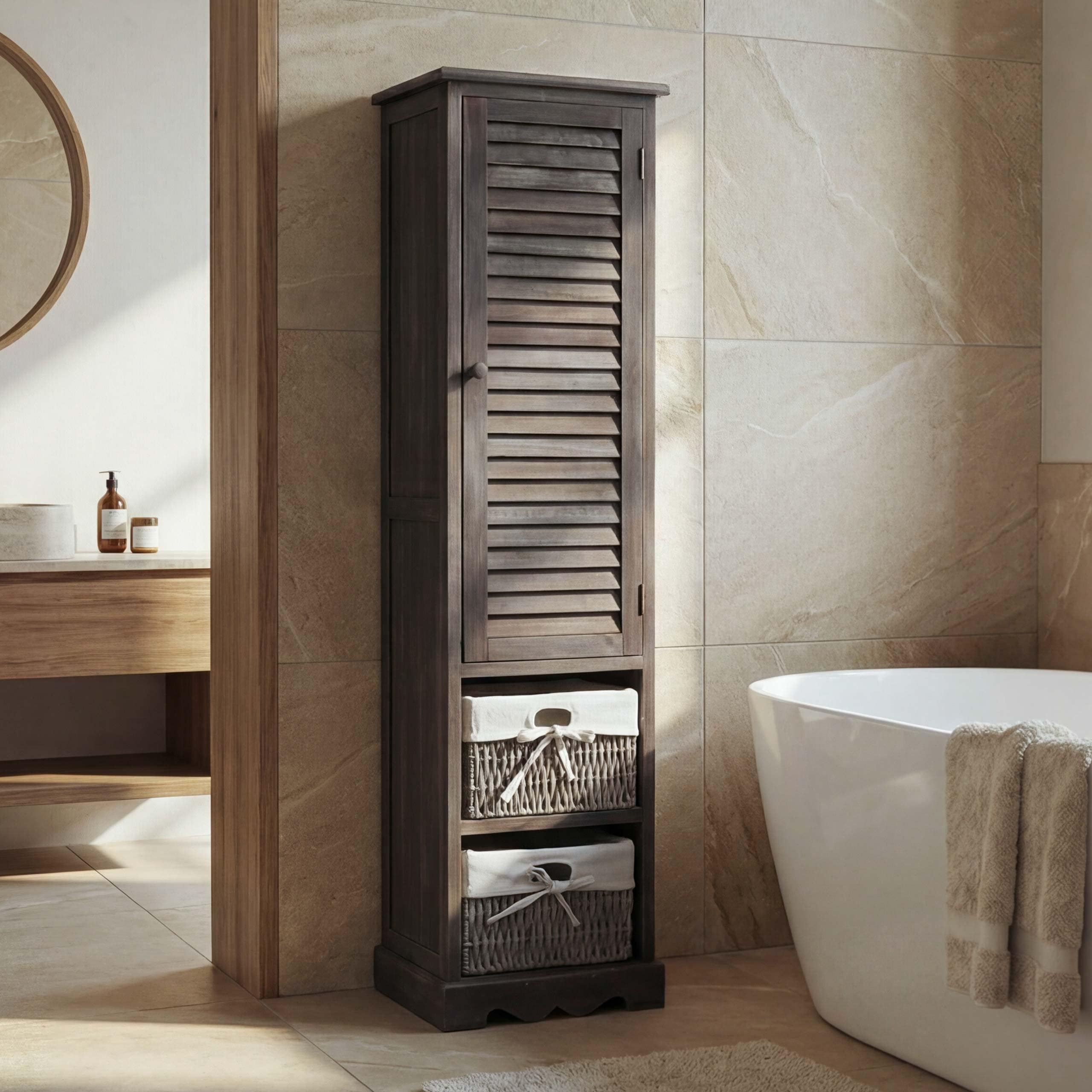 Badezimmerkommode MCW-H20, Badezimmer Schrank Badschrank Badregal, 120x27x29cm Massiv-Holz ~ shabby grau-braun 