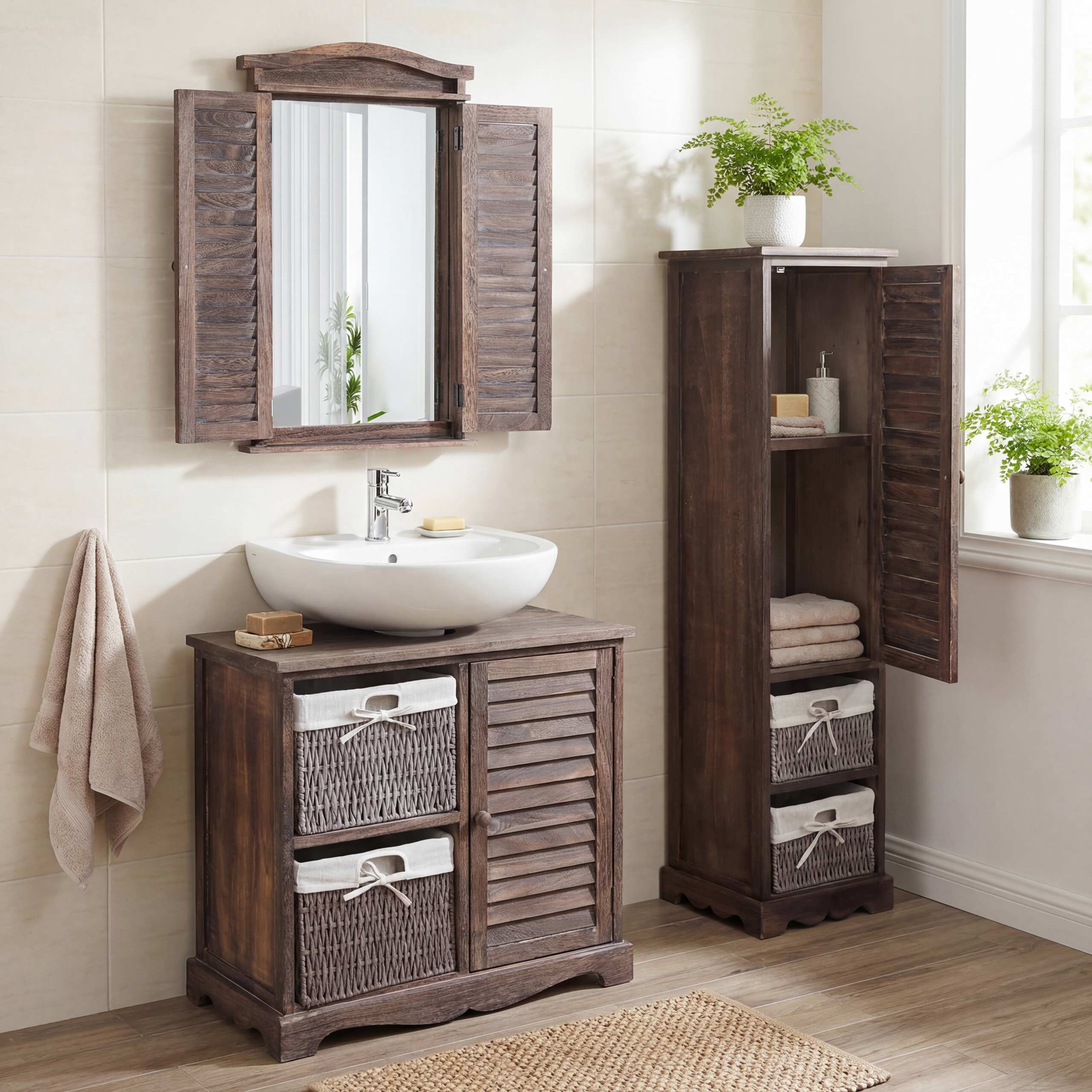 Badezimmerset MCW-H20, Badm&ouml;bel-Set Hochschrank Waschbeckenunterschrank Wandspiegel ~ shabby braun 