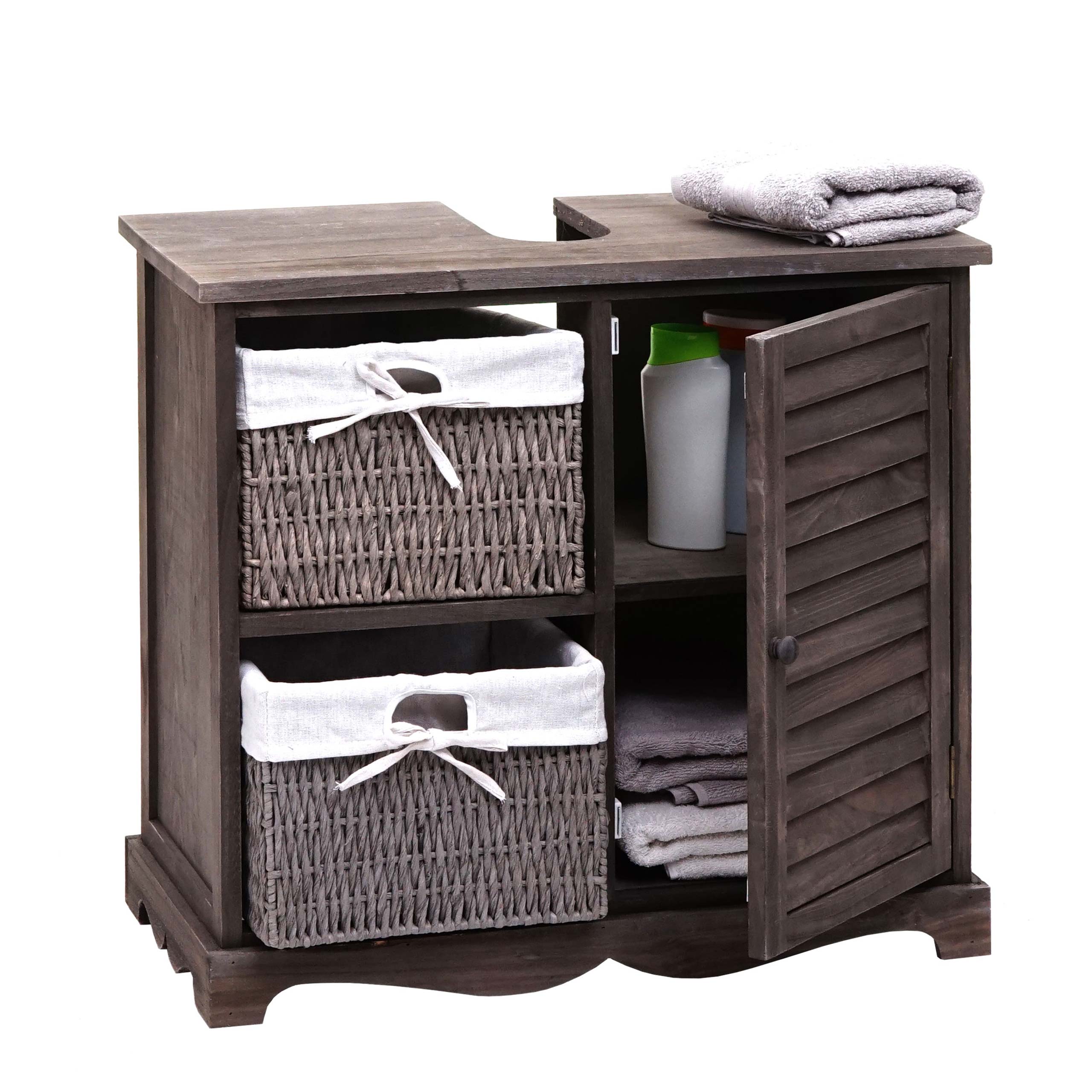 Waschbeckenunterschrank MCW-H20, Badezimmer Waschtisch, Massiv-Holz Korb-Schublade 60x65x31cm ~ shabby grau-braun 