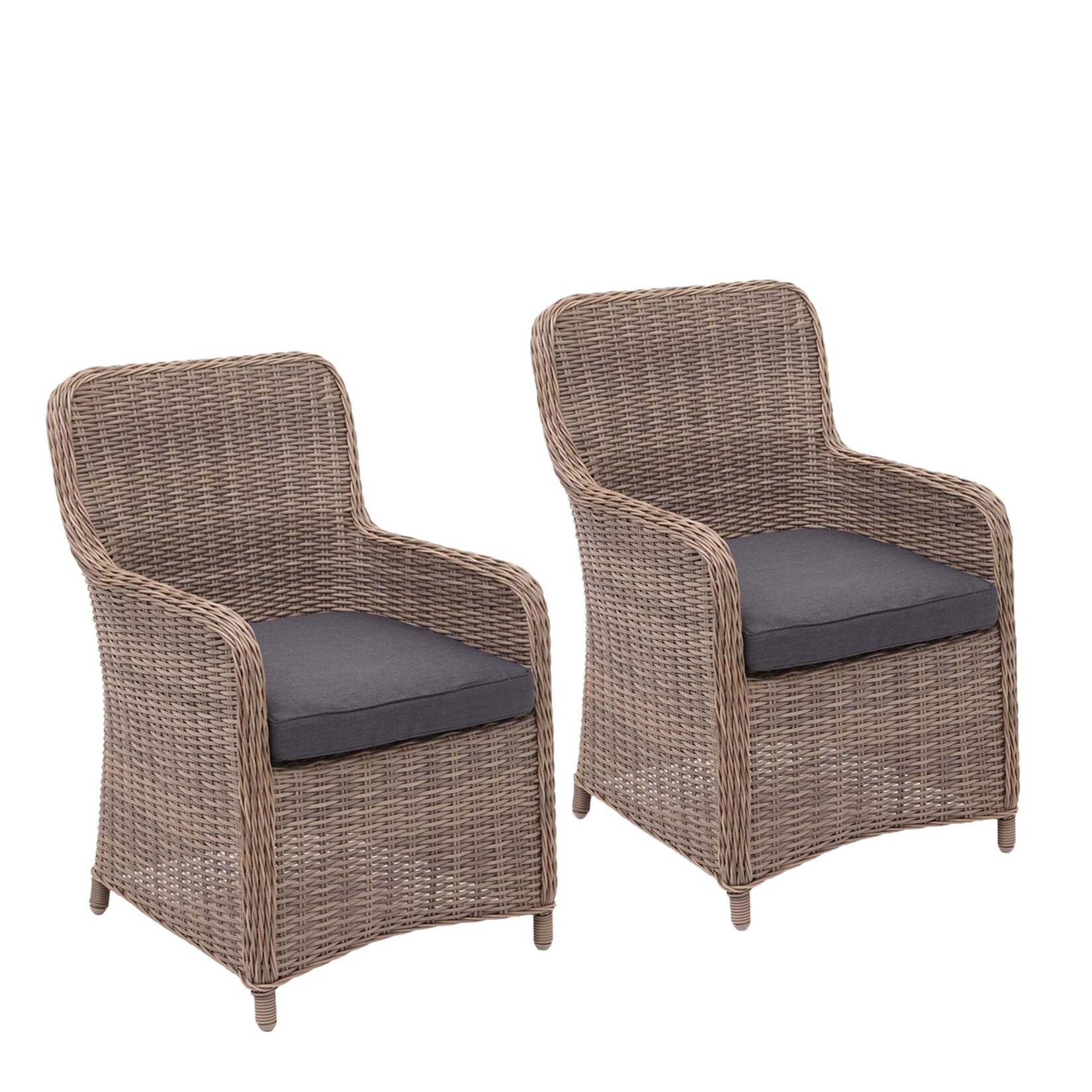 2er-Set Poly-Rattan Stuhl -E98, Rattanstuhl Gartenstuhl Korbsessel, Spun Poly halbrundes Rattan MVG beige Kissen grau