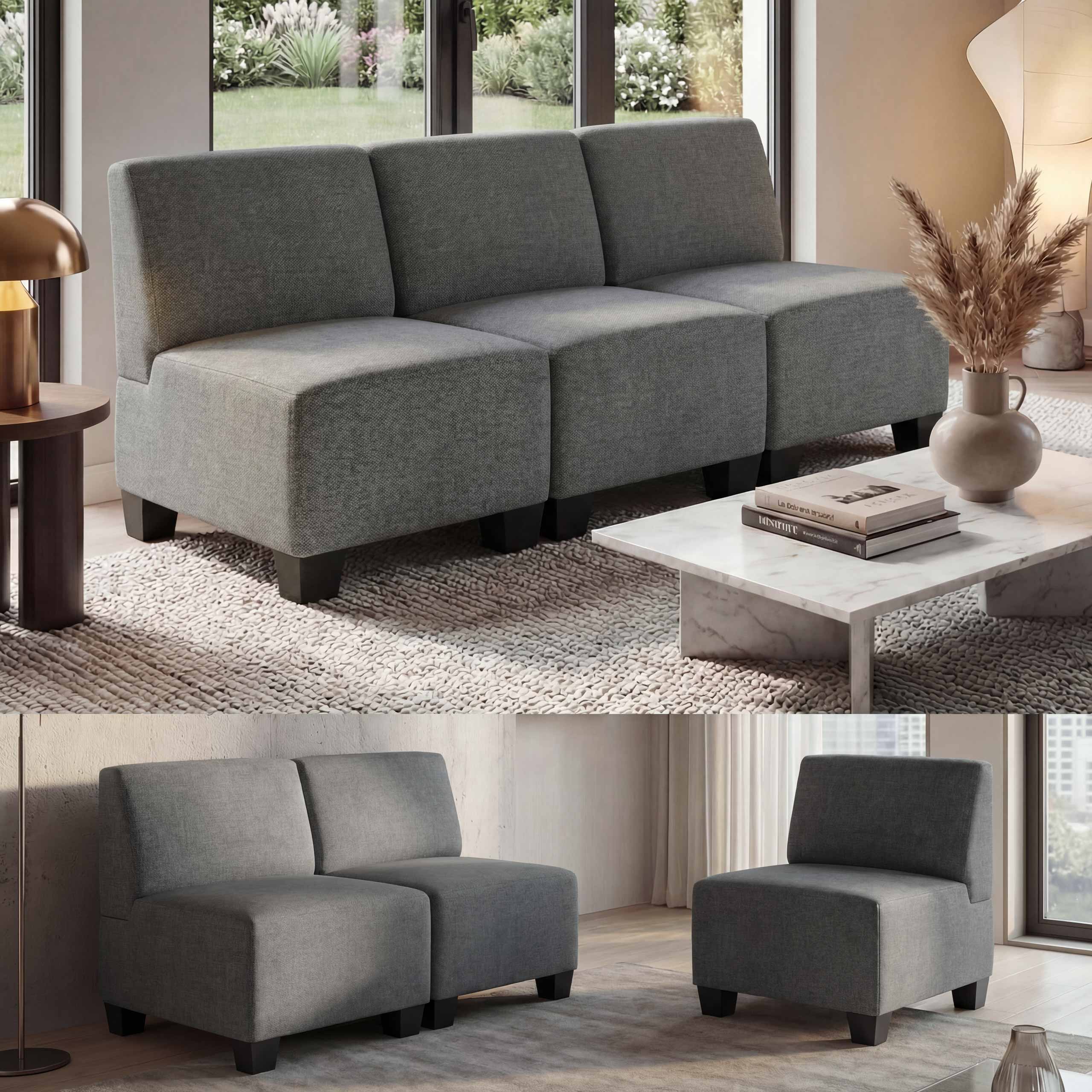 Modular 3-Sitzer Sofa Couch Moncalieri, Stoff/Textil ~ grau, ohne Armlehnen 