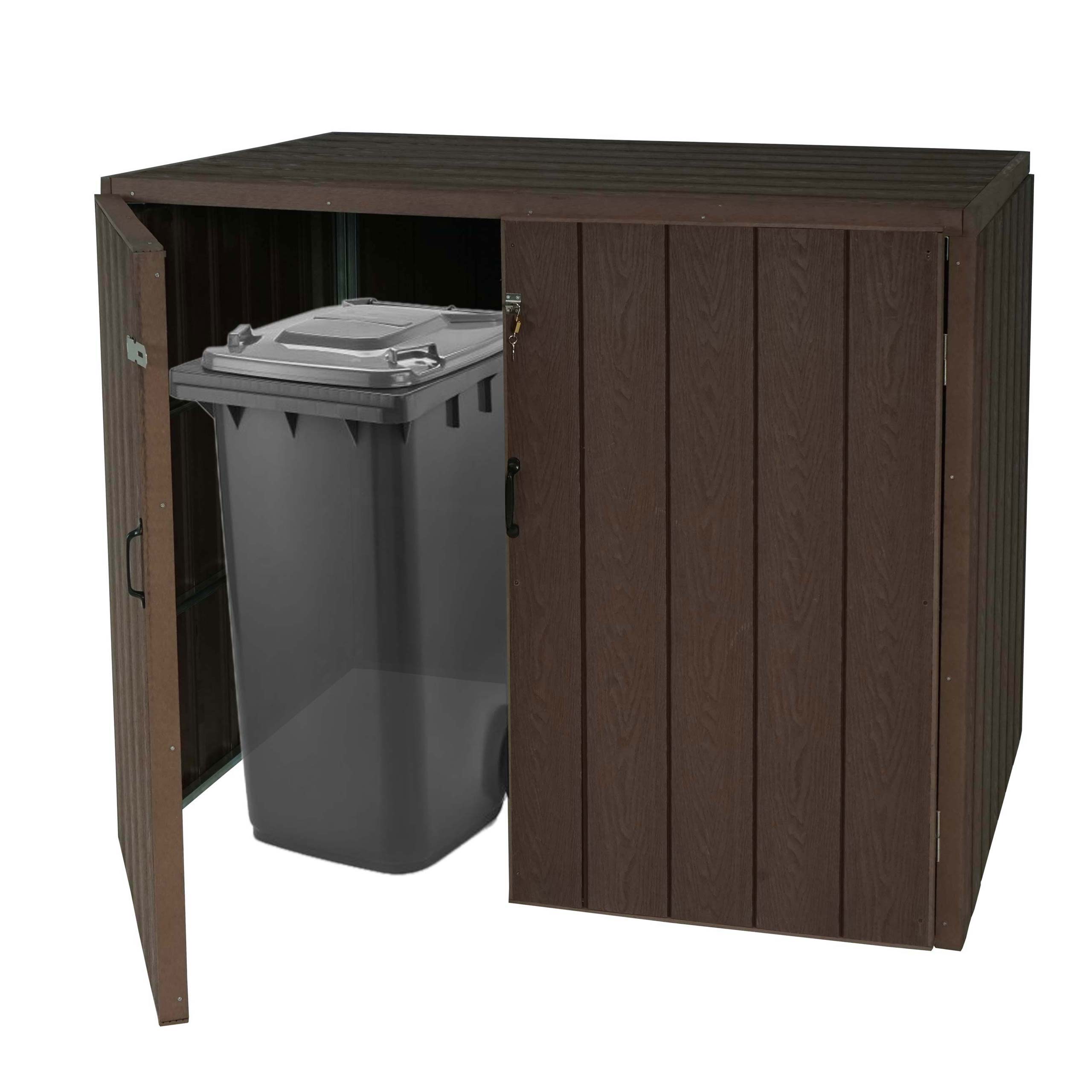 2er WPC-M&uuml;lltonnenverkleidung MCW-J28, Premium M&uuml;lltonnenbox, Metall Holzoptik, erweiterbar ~ braun 