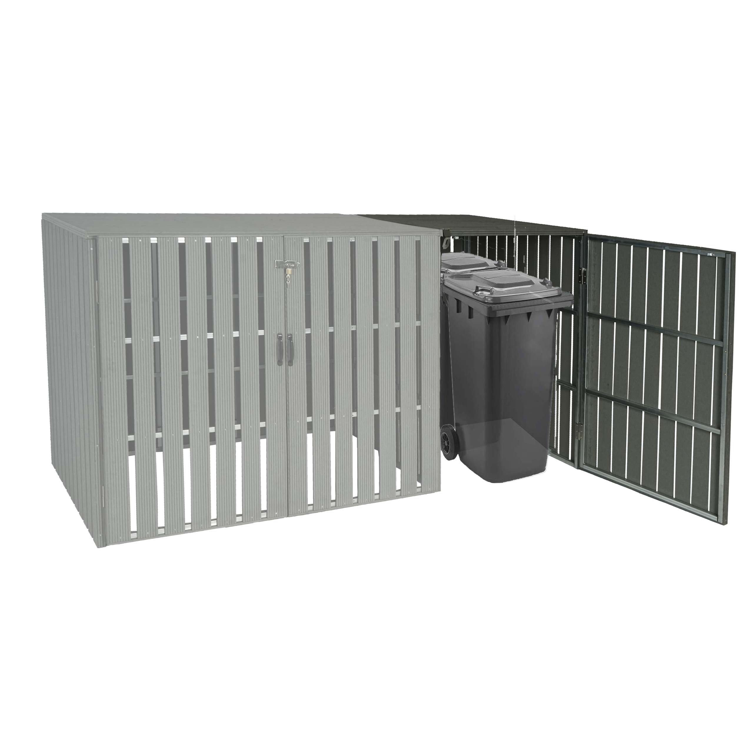 XL 1er-/2er-WPC-M&uuml;lltonnenverkleidung Erweiterung MCW-J28, M&uuml;lltonnenbox, Metall Holzoptik ~ grau 