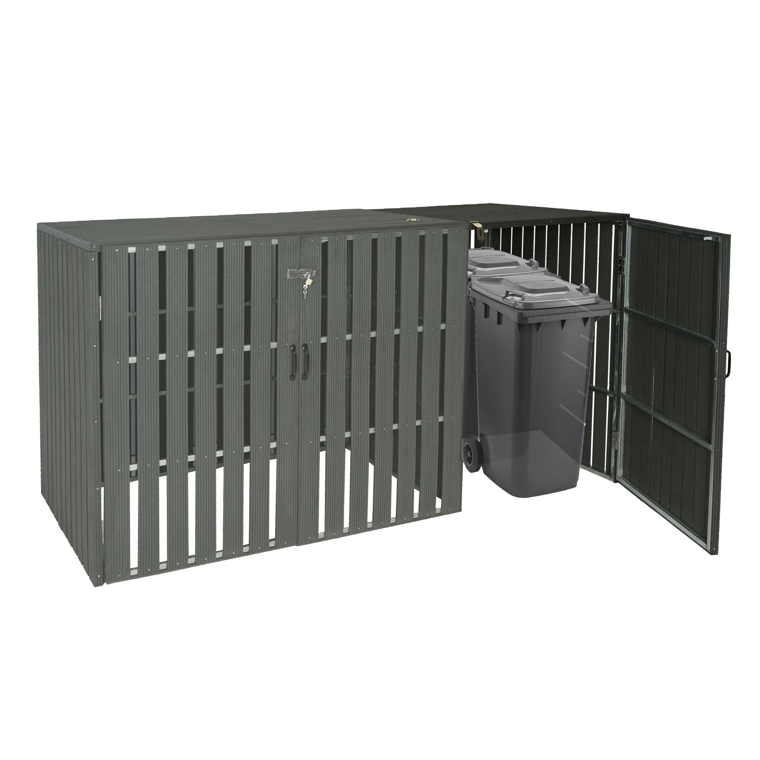 XL 1er-/2er-WPC-M&uuml;lltonnenverkleidung Erweiterung MCW-J28, M&uuml;lltonnenbox, Metall Holzoptik ~ anthrazit 