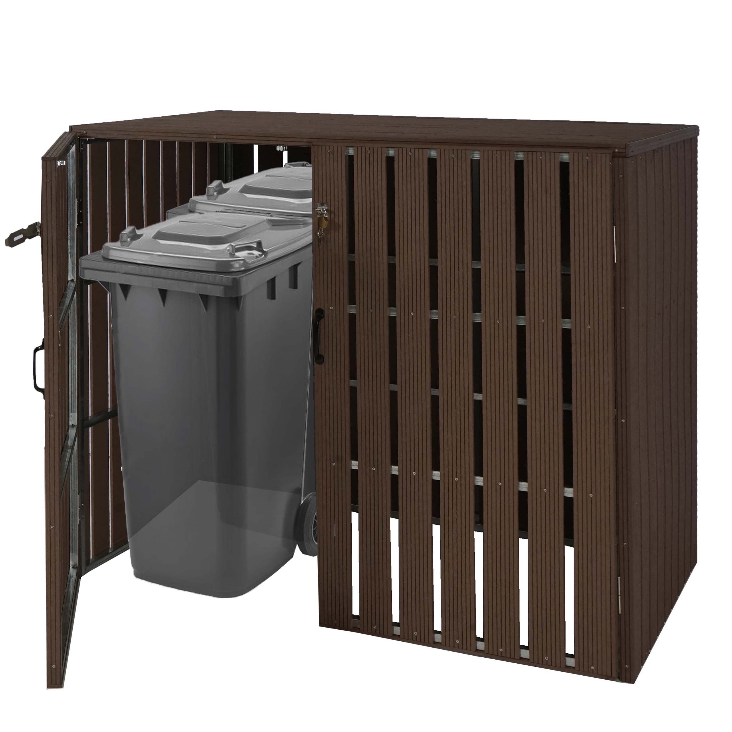 XL 2er-/4er-WPC-M&uuml;lltonnenverkleidung MCW-J28, M&uuml;lltonnenbox, Metall Holzoptik, erweiterbar ~ braun 
