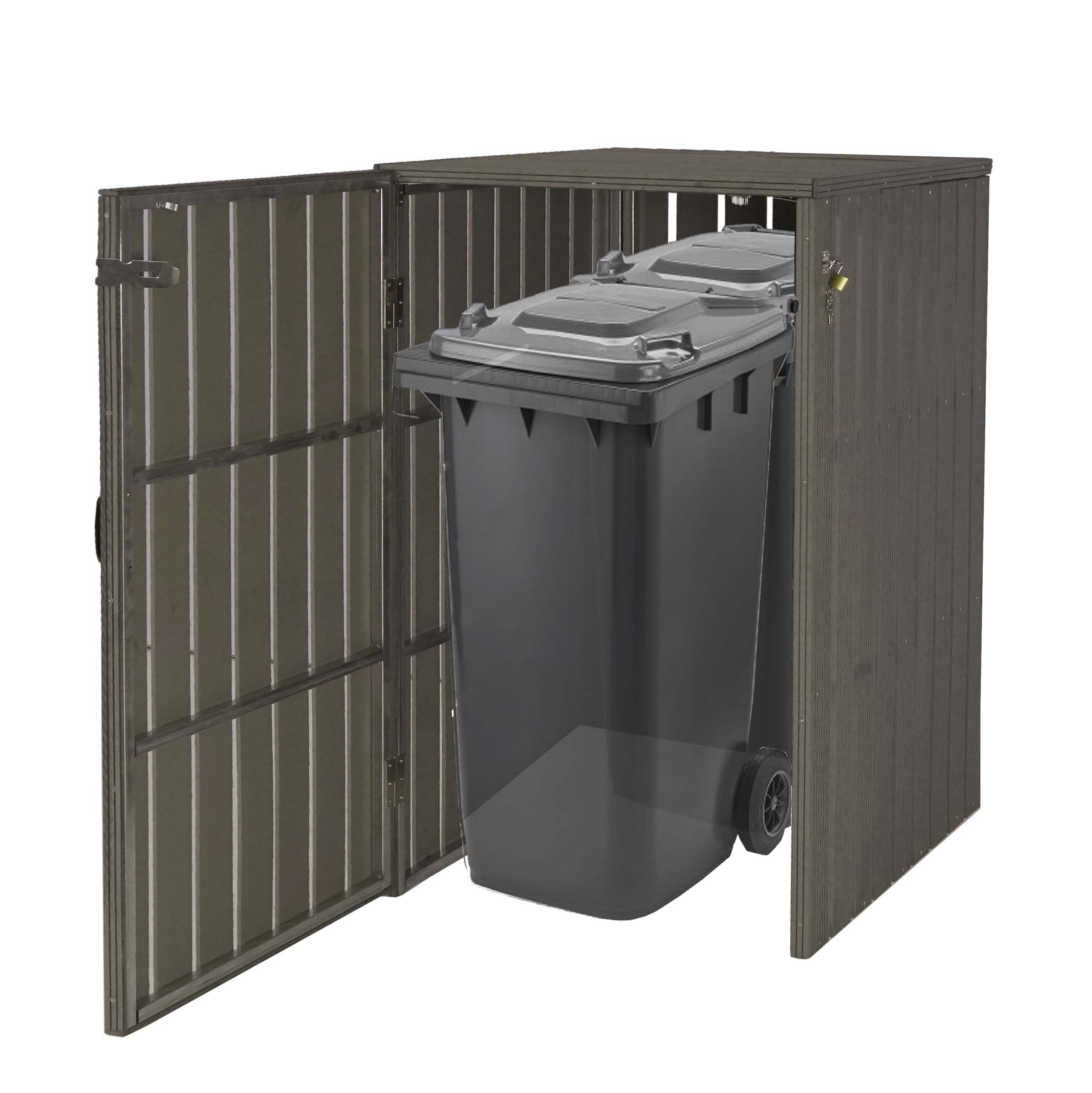 XL 1er-/2er-WPC-M&uuml;lltonnenverkleidung MCW-J28, M&uuml;lltonnenbox, Metall Holzoptik, erweiterbar ~ grau 