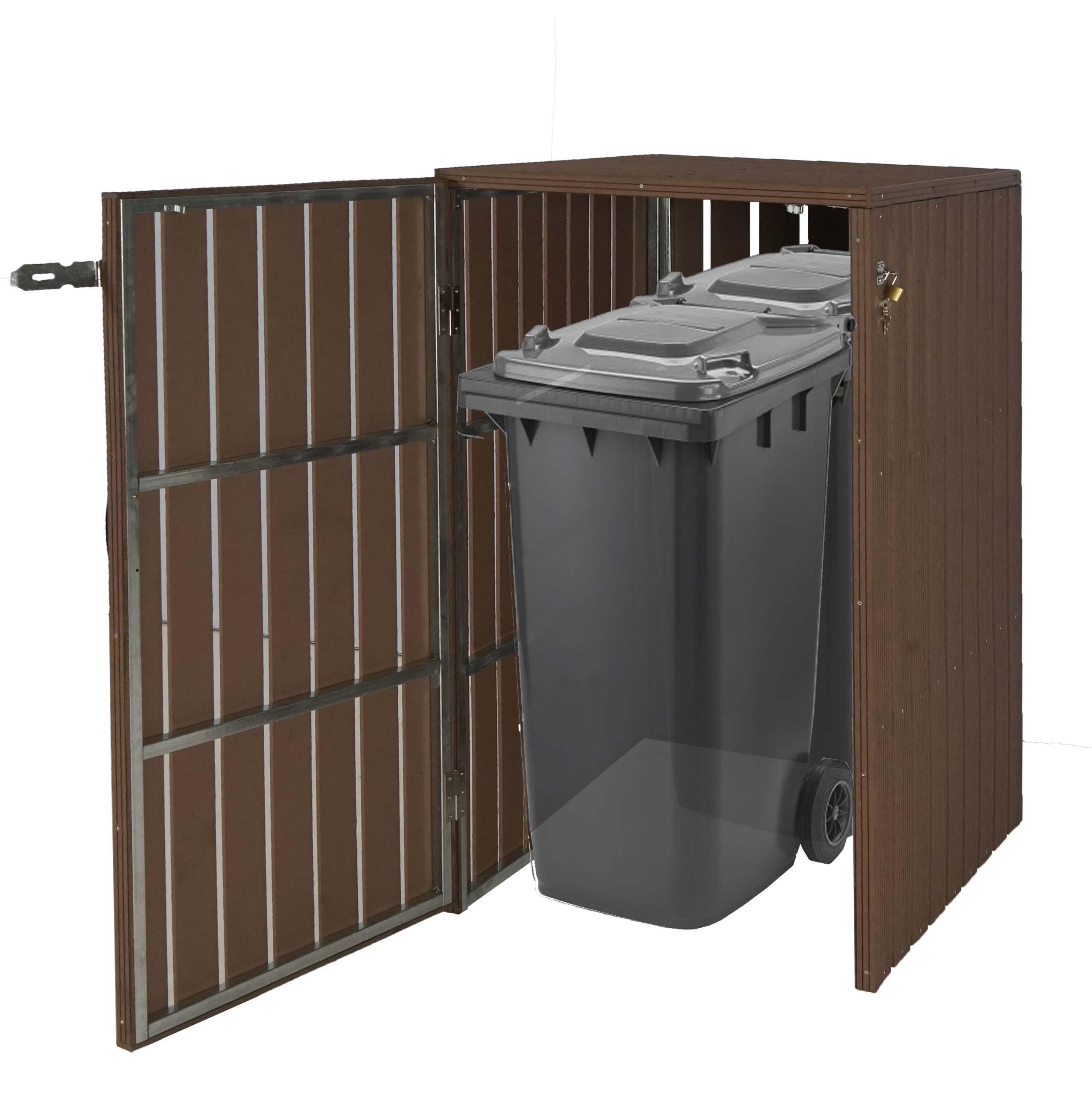 XL 1er-/2er-WPC-M&uuml;lltonnenverkleidung MCW-J28, M&uuml;lltonnenbox, Metall Holzoptik, erweiterbar ~ braun 