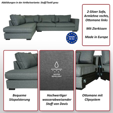 Ecksofa MCW-J58, Couch Sofa mit Ottomane links, Made in EU, wasserabweisend  295cm ~ Kunstleder grau bei Marktkauf online bestellen