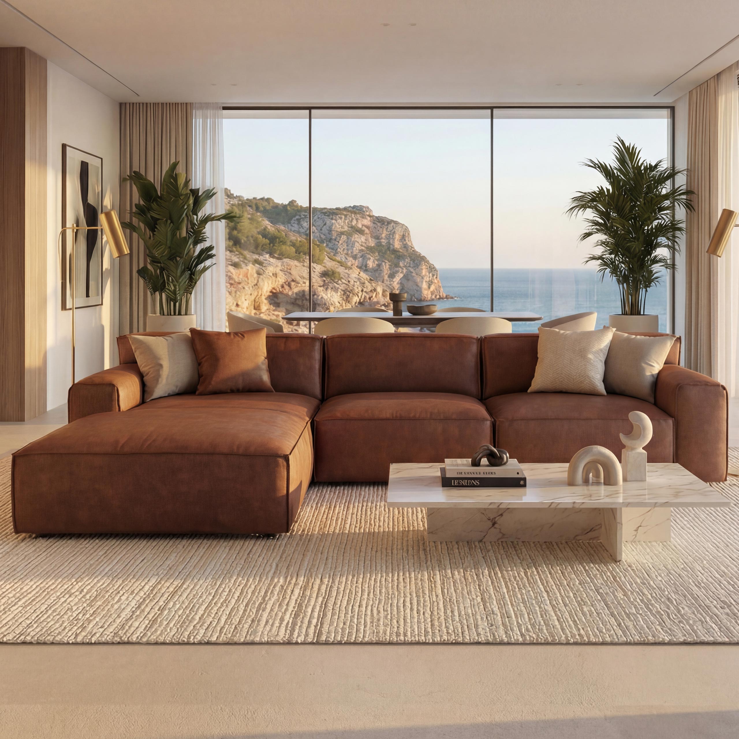 Ecksofa MCW-J59, Couch Sofa mit Ottomane links, Made in EU, wasserabweisend 295cm ~ Kunstleder braun 