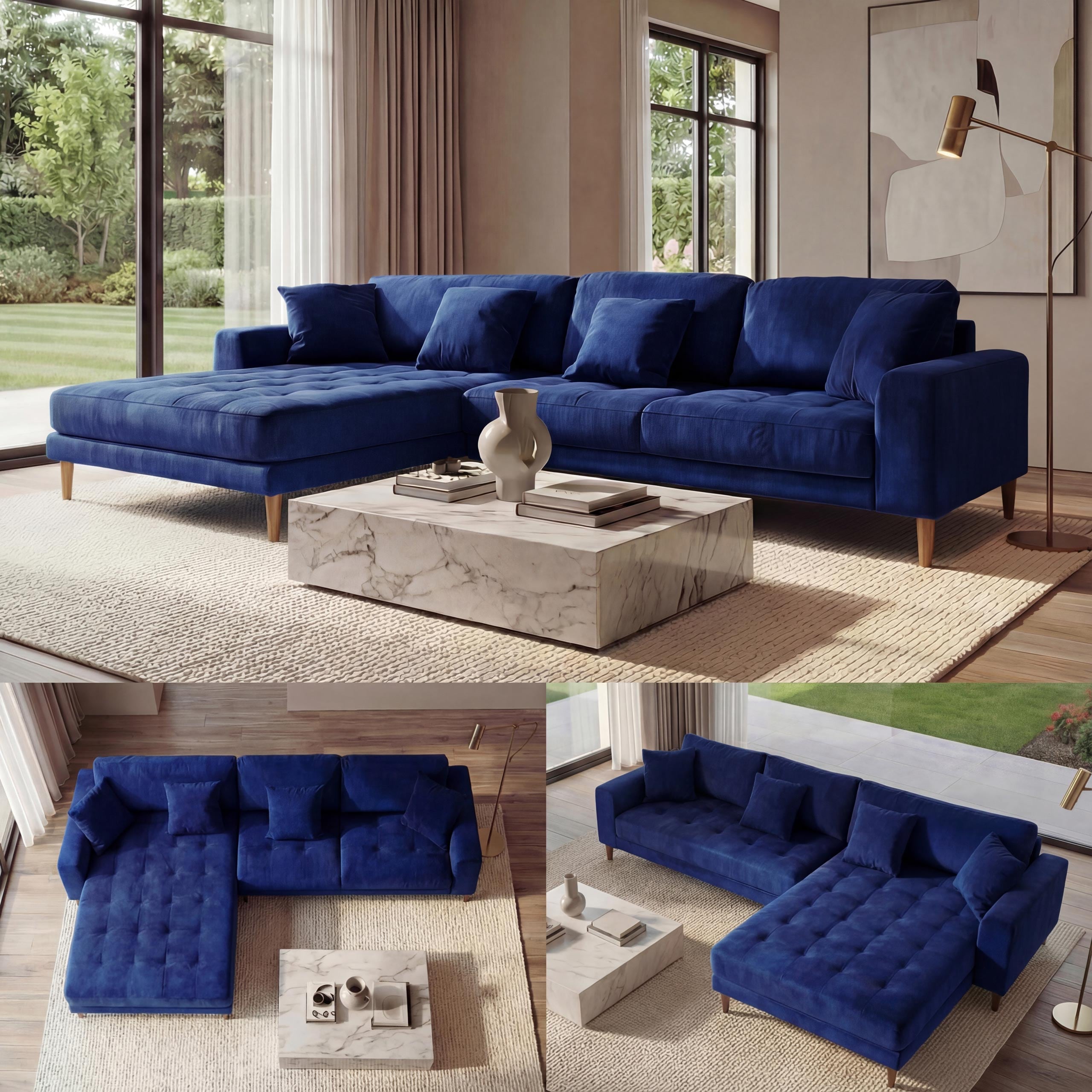Ecksofa MCW-J54, Couch Sofa 3-Sitzer L-Form Liegefl&auml;che links/rechts 295cm ~ Samt blau 