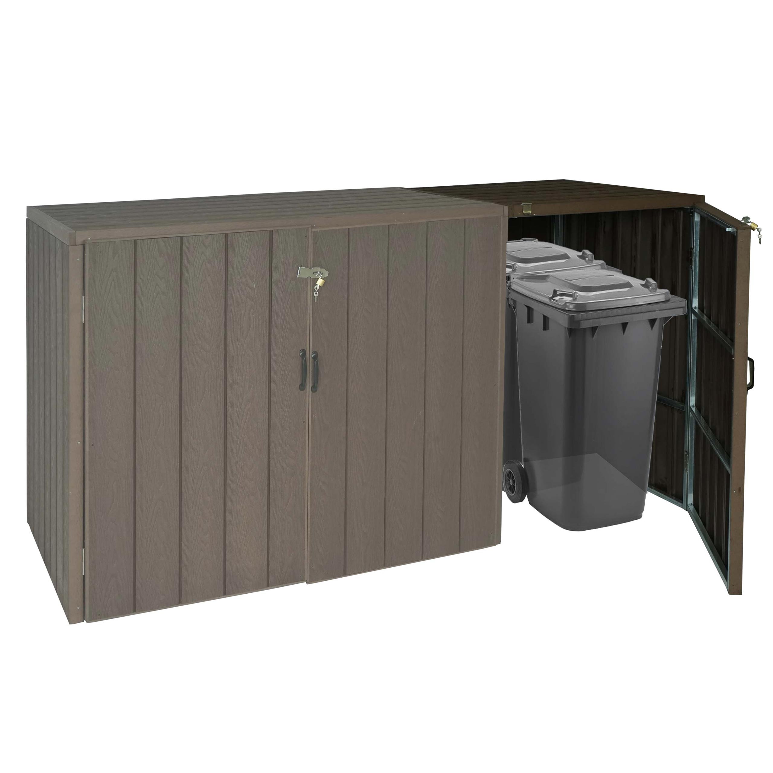 XL 1er-/2er-WPC-M&uuml;lltonnenverkleidung Erweiterung MCW-J28, Premium M&uuml;lltonnenbox, Metall Holzoptik ~ braun 