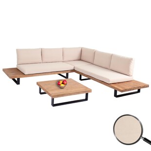 Garten-Garnitur MCW-H54, Garnitur Sitzgruppe Lounge-Set, Spun Poly Akazie Holz MVG Alu ~ hellbraun, Polster beige 