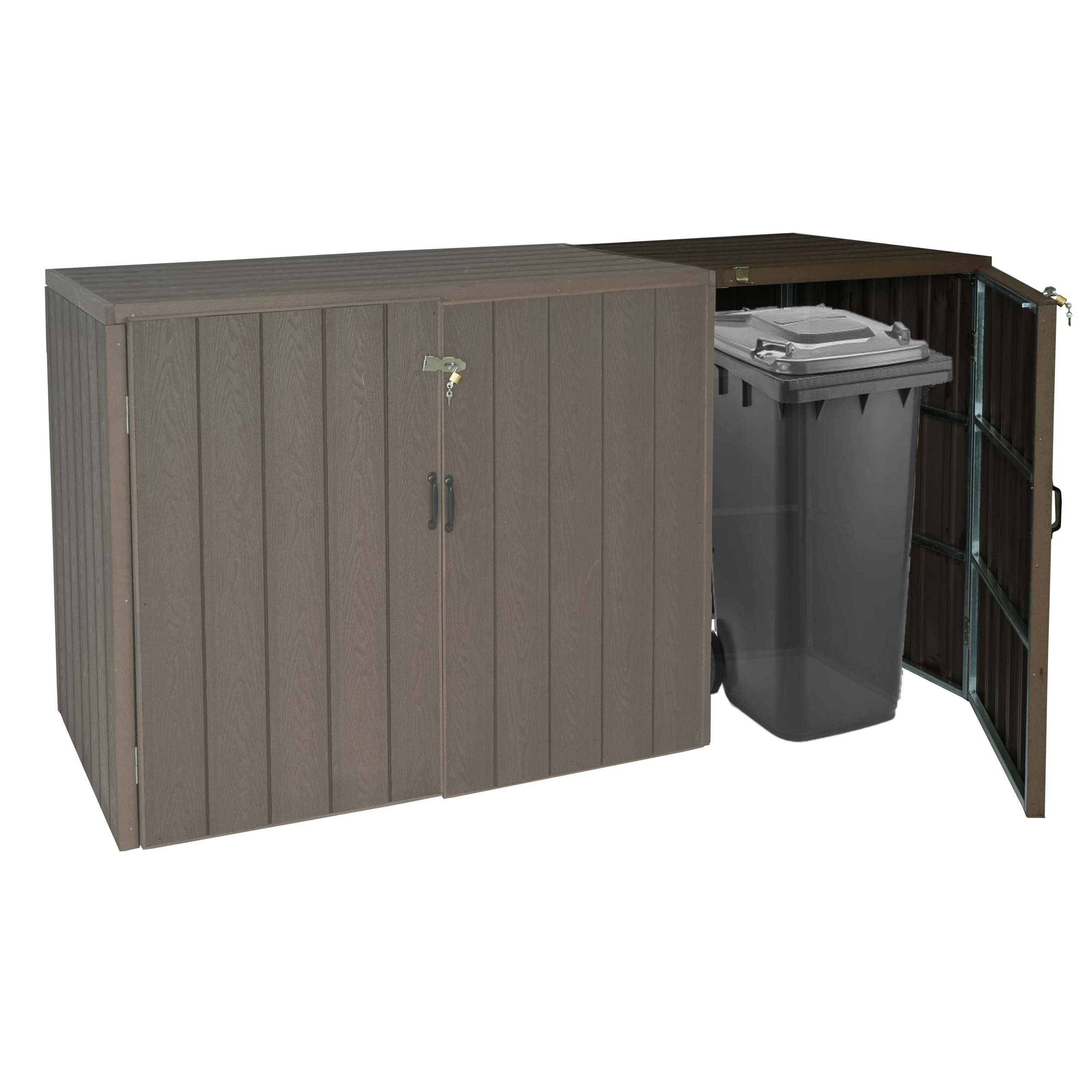 1er WPC-M&uuml;lltonnenverkleidung Erweiterung MCW-J28, Premium M&uuml;lltonnenbox, Metall Holzoptik ~ braun 