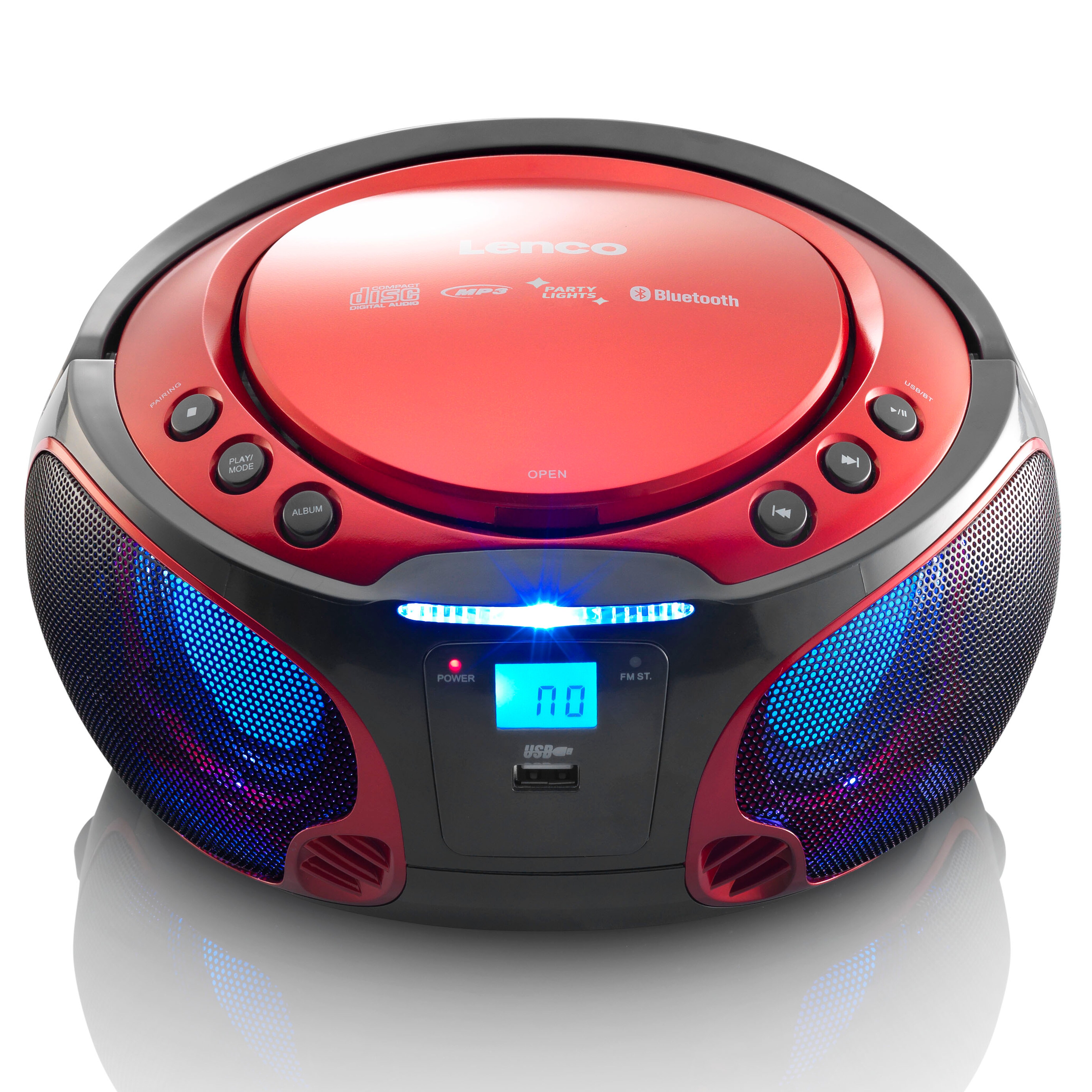 Lenco SCD-550RD - Tragbares FM-Radio mit CD/MP3-Player - Bluetooth - USB-Anschlu&szlig; - Lichteffekte - Kopfh&ouml;rerausgang - Rot 