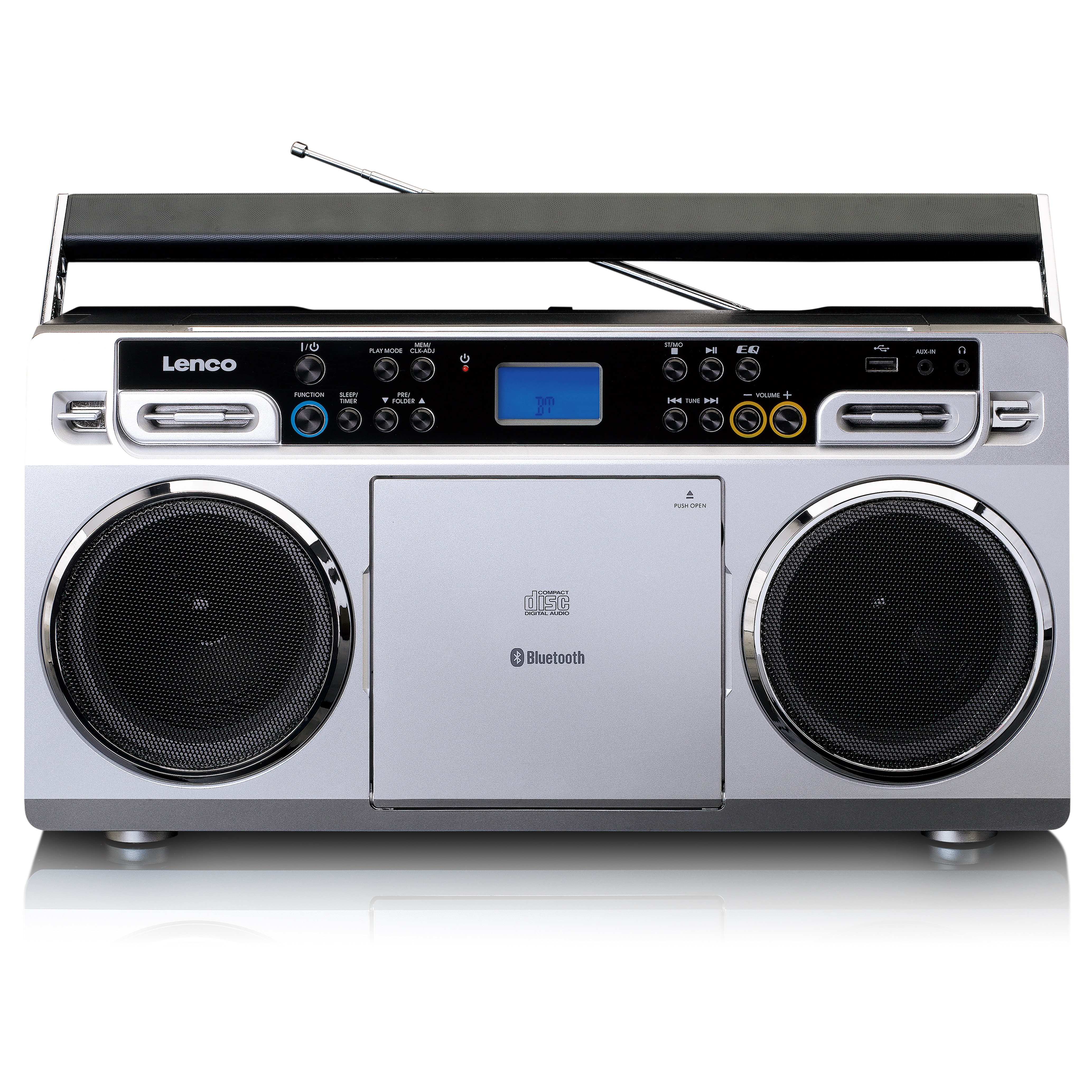 Lenco SCD-580SI - Tragbare Retro Boombox mit FM-Radio und CD/MP3-Player - Bluetooth - 2 x 5 Watt RMS - USB-Eingang - Silber 