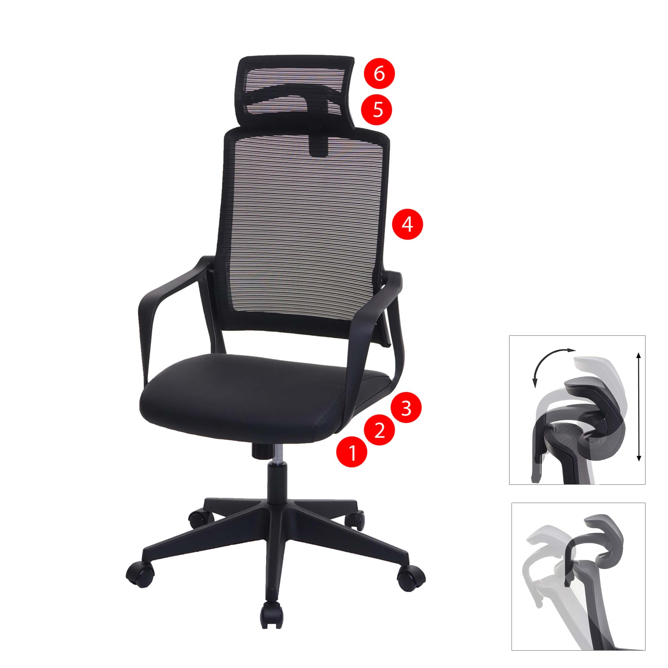 B&uuml;rostuhl MCW-J52, Drehstuhl Schreibtischstuhl, ergonomisch Kopfst&uuml;tze, Kunstleder ~ schwarz 