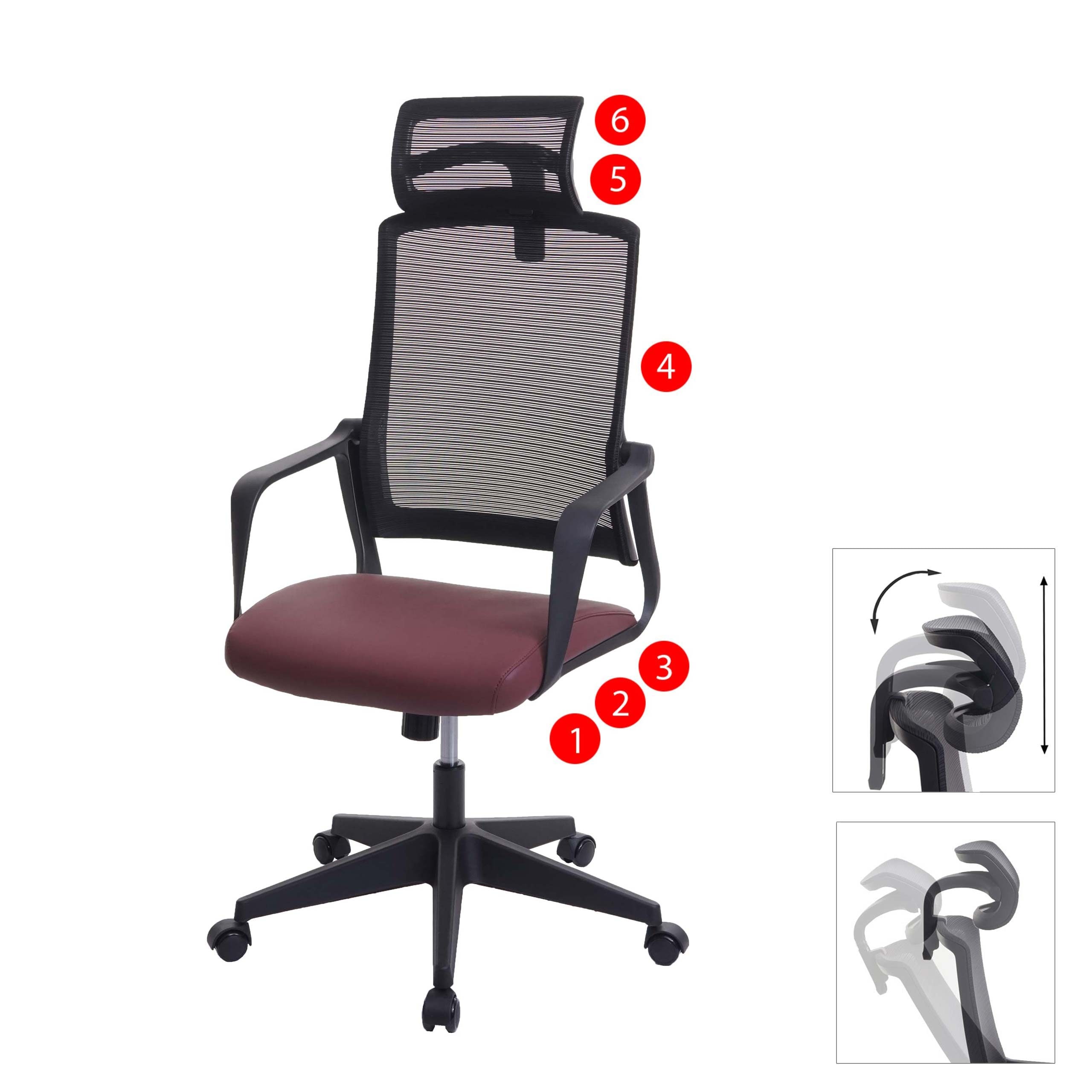 B&uuml;rostuhl MCW-J52, Drehstuhl Schreibtischstuhl, ergonomisch Kopfst&uuml;tze, Kunstleder ~ bordeaux-rot 