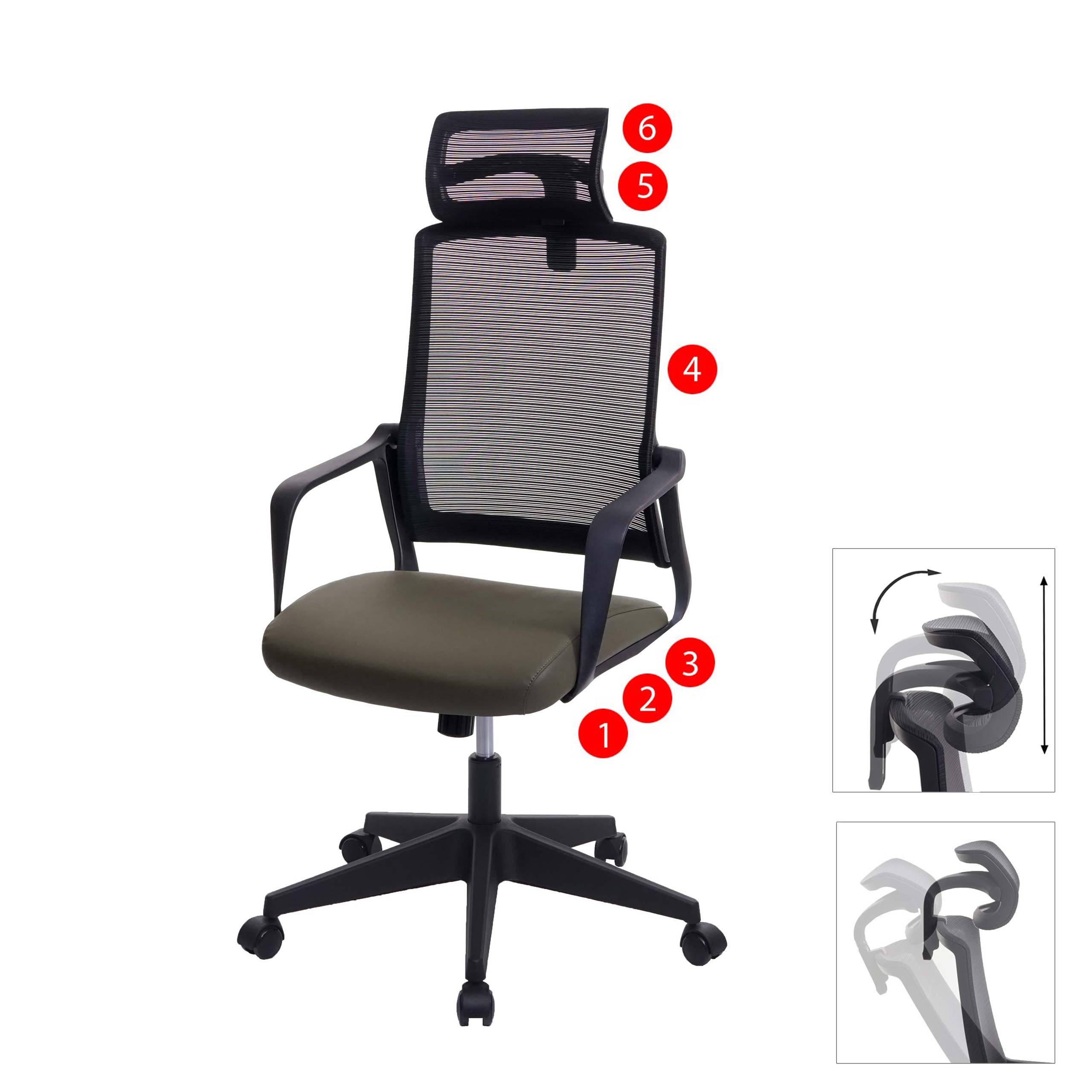 B&uuml;rostuhl MCW-J52, Drehstuhl Schreibtischstuhl, ergonomisch Kopfst&uuml;tze, Kunstleder ~ olivgr&uuml;n 