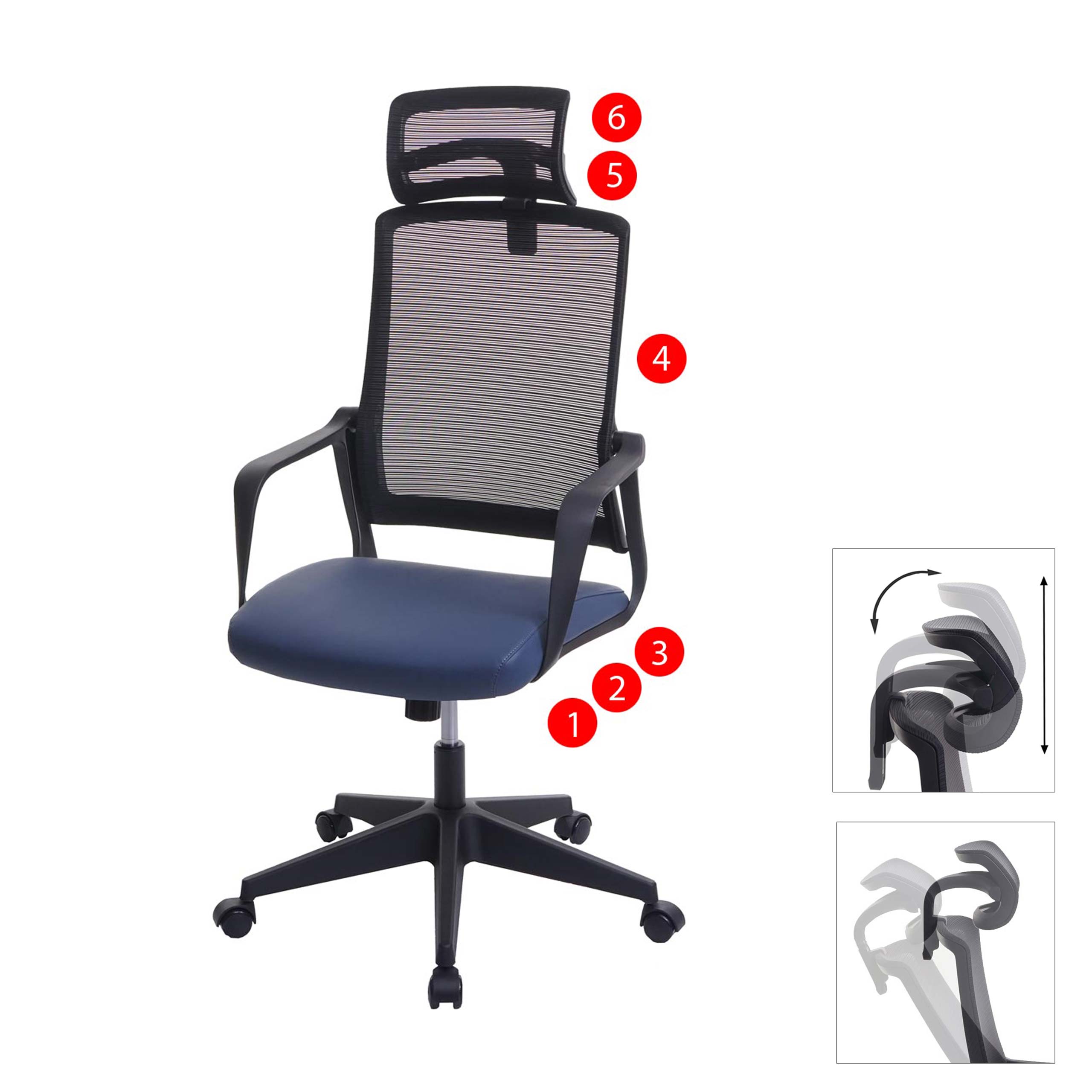 B&uuml;rostuhl MCW-J52, Drehstuhl Schreibtischstuhl, ergonomisch Kopfst&uuml;tze, Kunstleder ~ blau-grau 