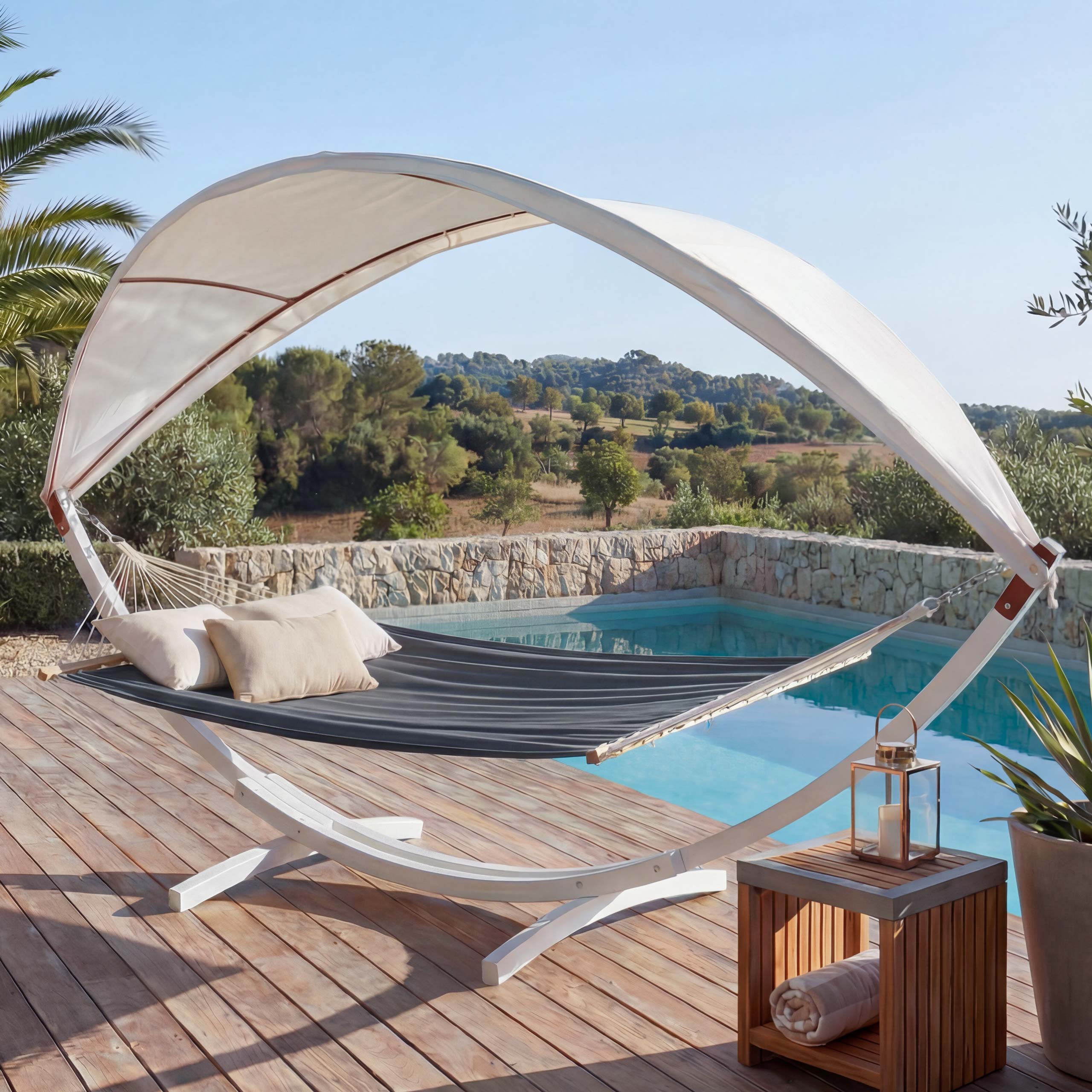 H&auml;ngematte MCW-J47, H&auml;ngeschaukel bis 200kg Sonnendach MVG-Holzgestell 420cm 2 Personen ~ wei&szlig;, grau 