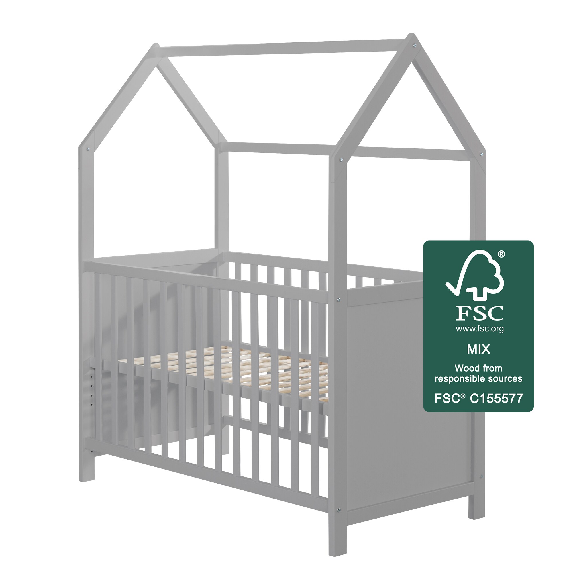 Hausbett 60 x 120 cm, FSC zertifiziert, taupe, 6-fach verstellbar, als Baby- & Beistellbett geeignet 