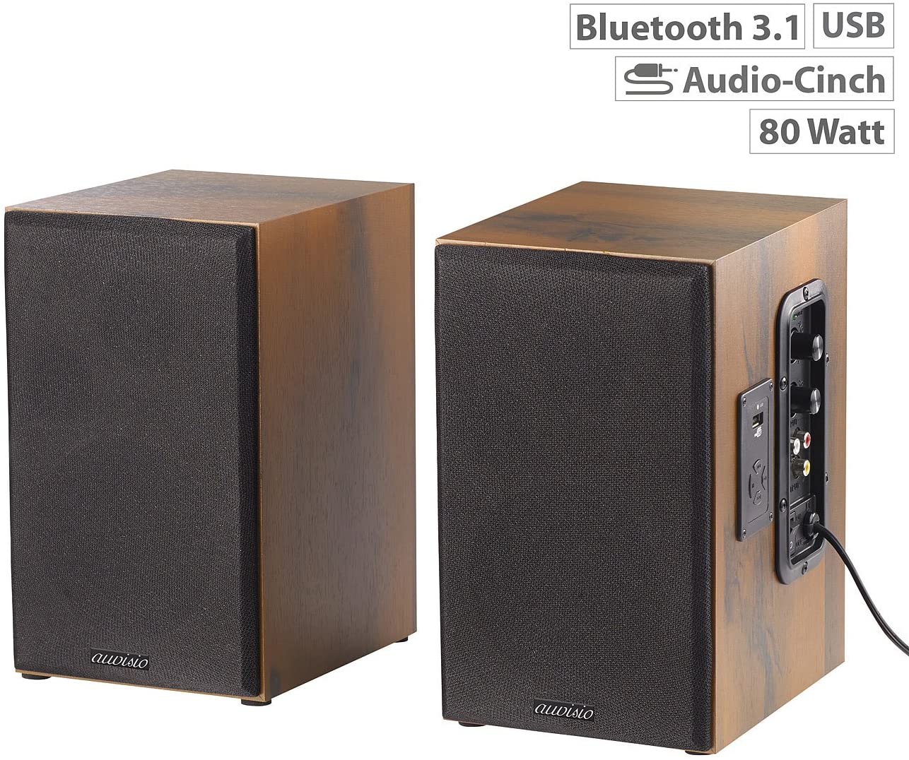 auvisio MSS-90.usb Lautsprecher Holz Geh&auml;use Aktiver Stereo-Regallautsprecher Bluetooth 