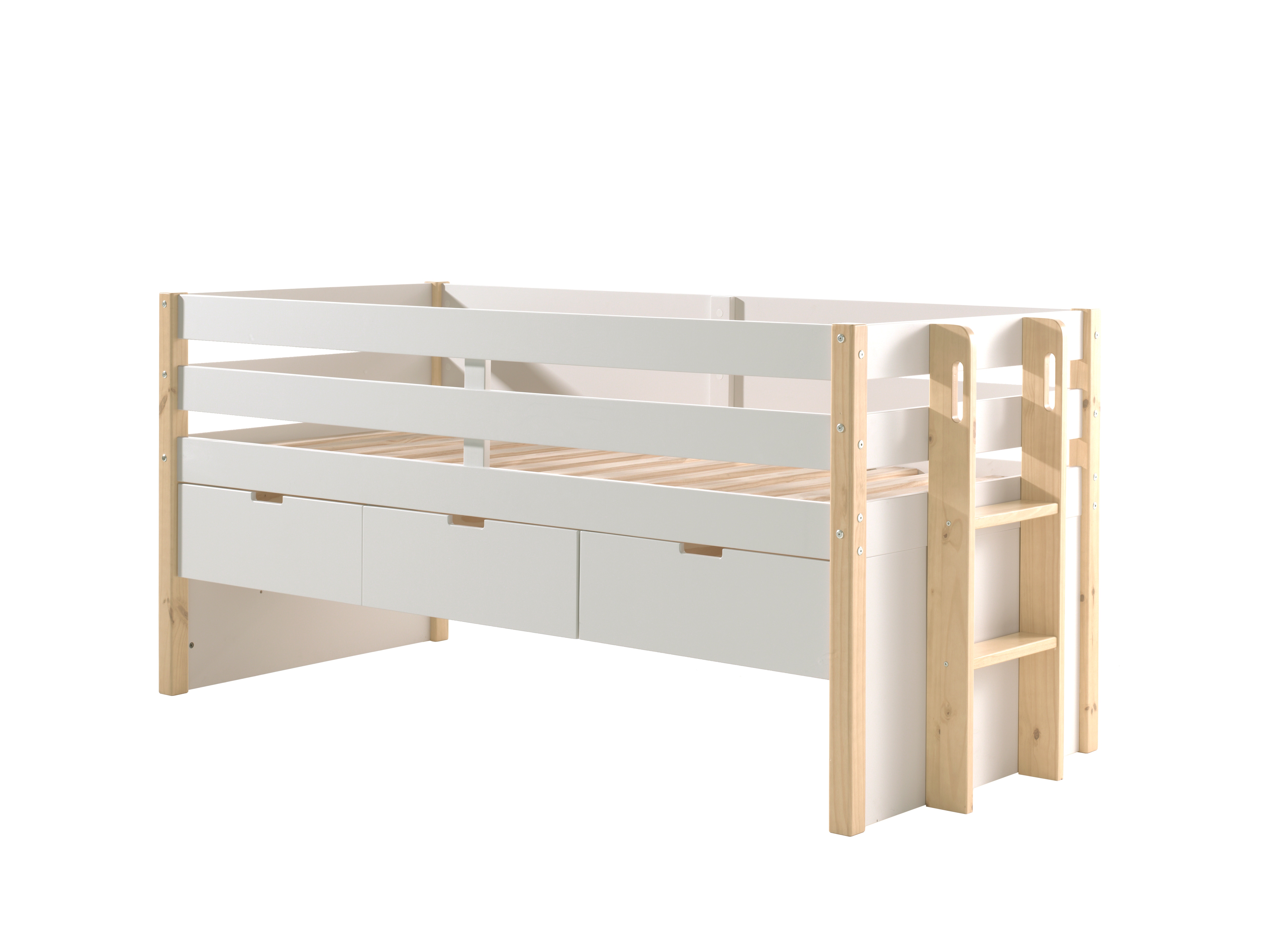 Halbhohes Margrit Bett mit Rolllattenrost, Liegefl&auml;che 90 x 200, inkl. 3 Schubladen, Ausf. Wei&szlig; lackiert, Bettpfosten Kiefer natur lackiert 