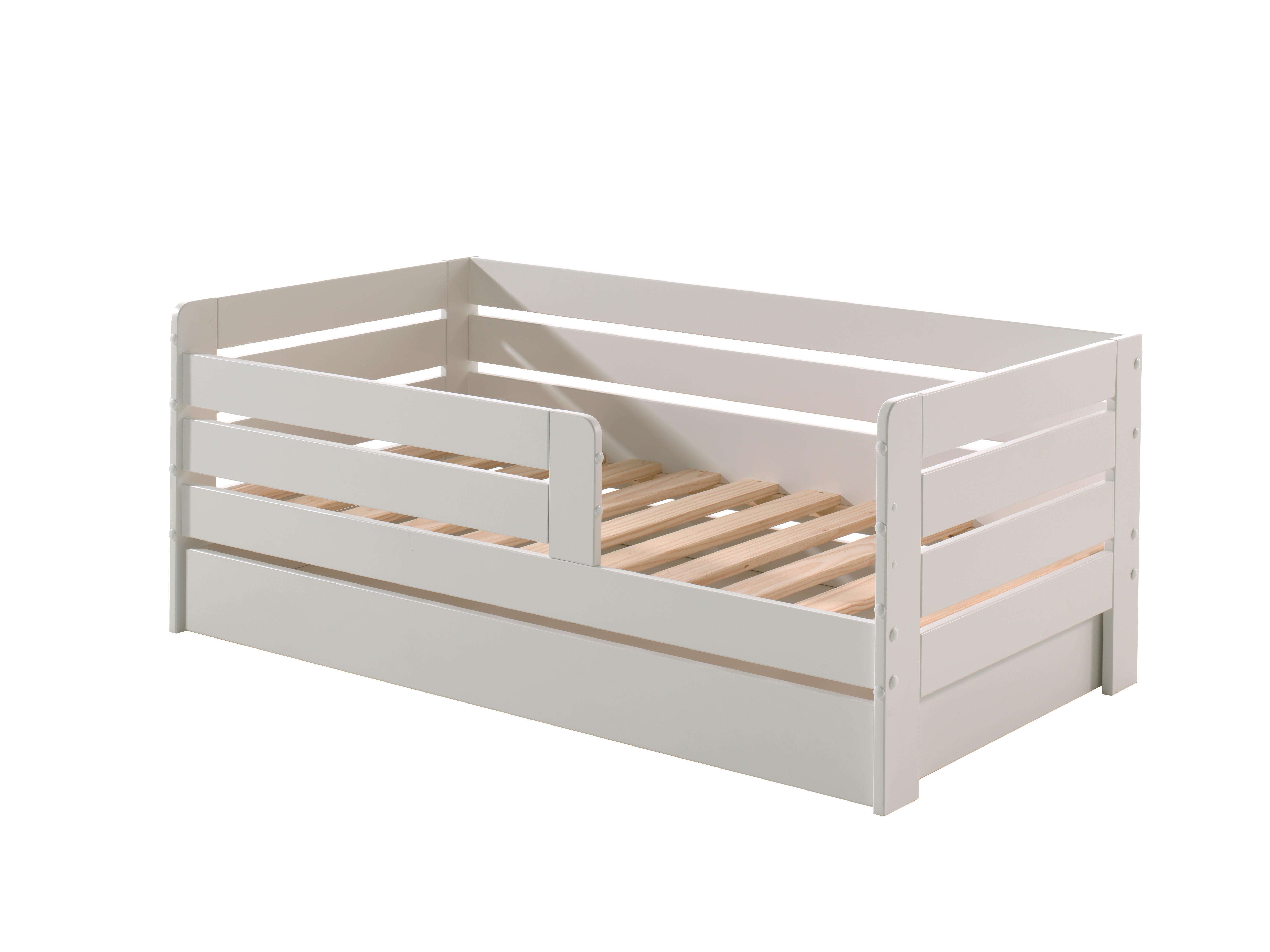 Juniorbett mit Liegefl&auml;che 70 x 140 cm, Umrandung mit waagerechten Paneelen, inklusive Bettschublade, Ausf. MDF wei&szlig; lackiert 