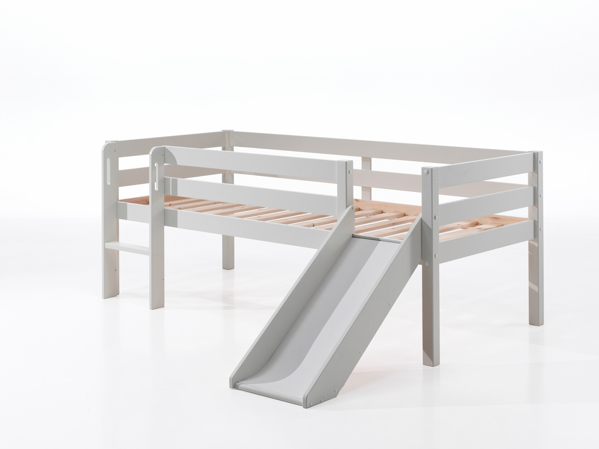 Kojen-Spielbett mit Liegefl&auml;che 90 x 200 cm, inkl. Leiter, Rutsche und Rolllattenrost, Kiefer massiv wei&szlig; lackiert 