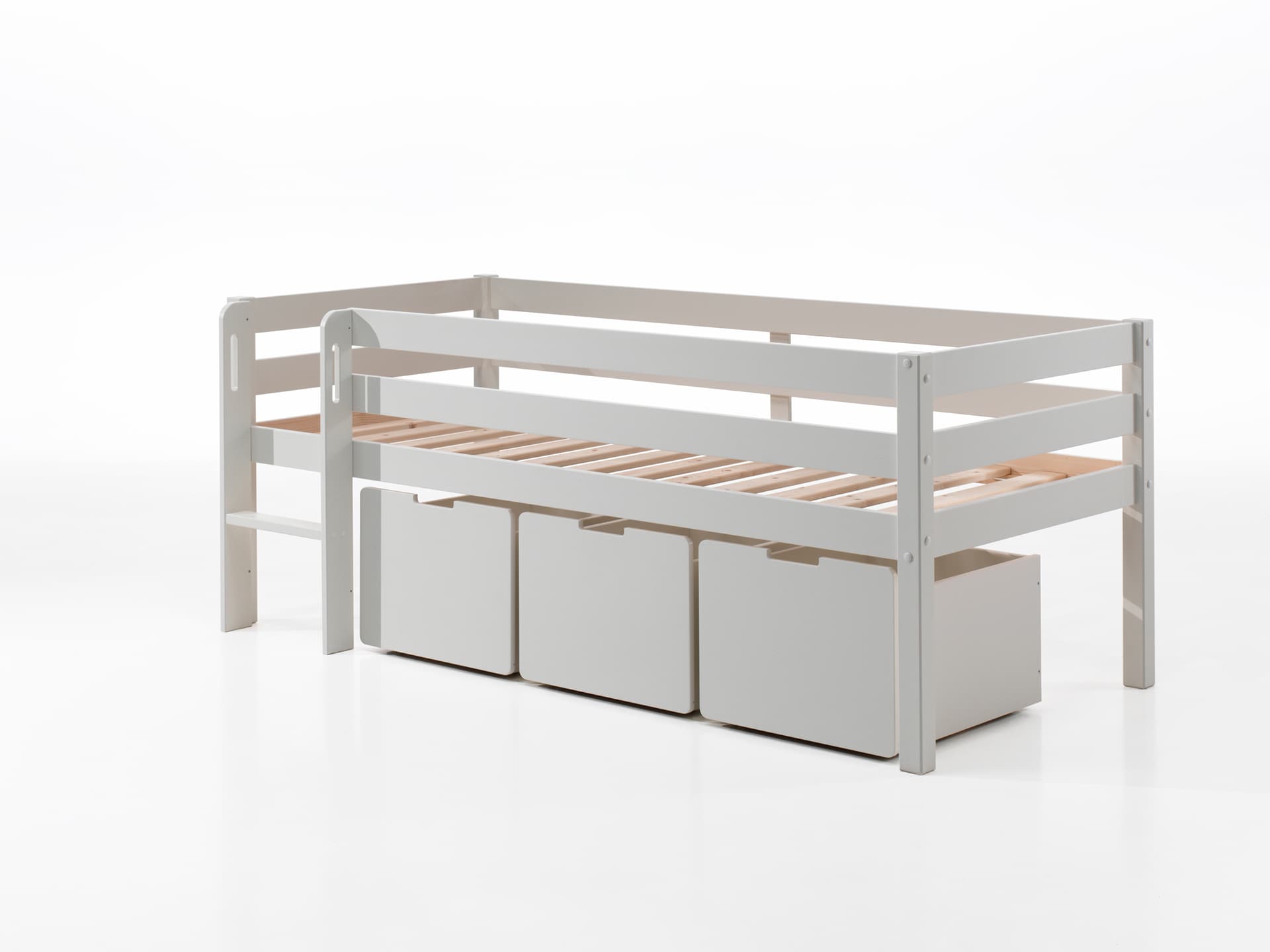 Kojen-Spielbett mit Liegefl&auml;che 90 x 200 cm, inkl. Leiter, Rolllattenrost und 3 Schubk&auml;sten, Kiefer und MDF wei&szlig; lackiert 