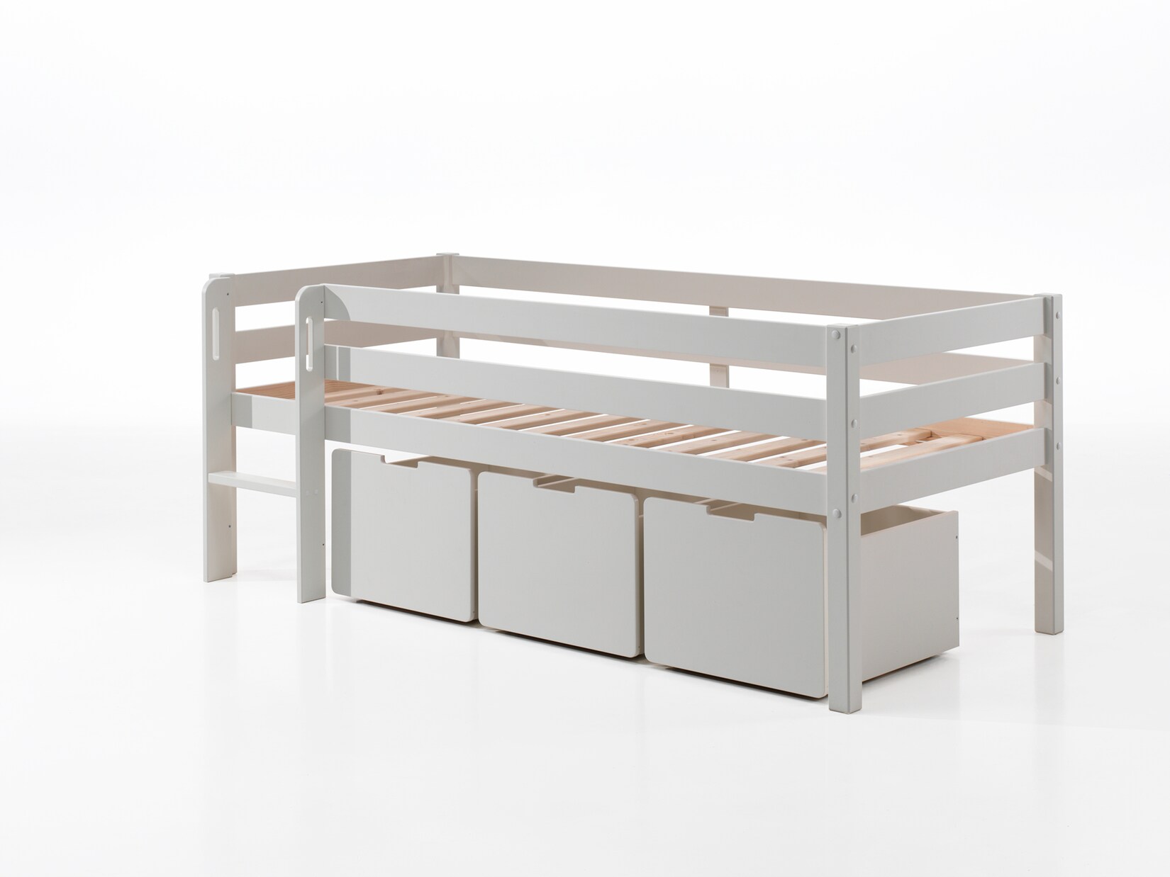 Kojen-Spielbett mit Liegefläche 90 x 200 cm, inkl. Leiter, Rolllattenrost und 3 Schubkästen, Kiefer und MDF weiß lackiert