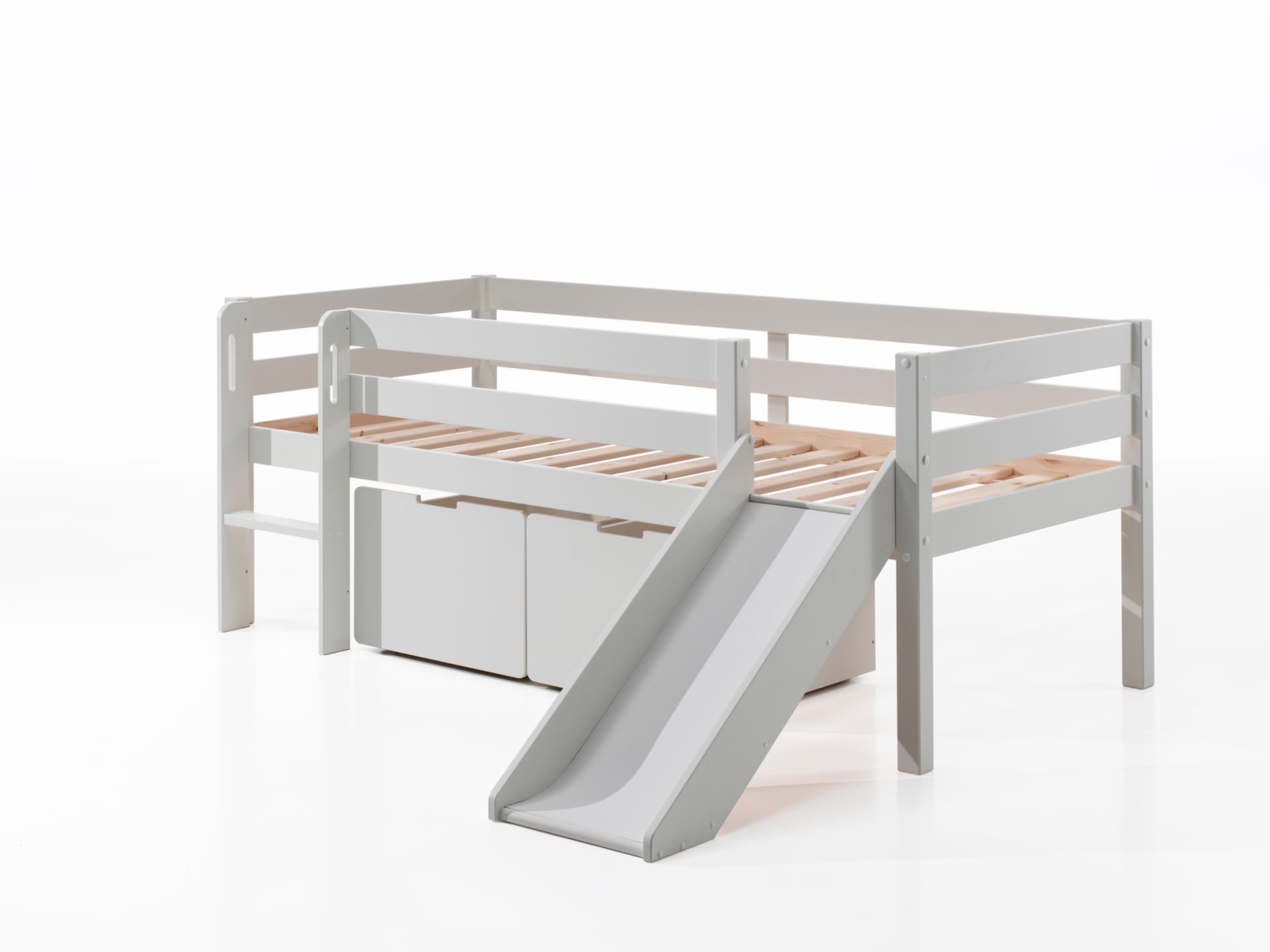 Kojen-Spielbett mit Liegefl&auml;che 90 x 200 cm, inkl. Leiter, Rutsche, Rolllattenrost und 2 Schubk&auml;sten, Kiefer und MDF wei&szlig; lackiert 