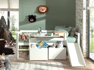 Kojen-Spielbett mit Liegefläche 90 x 200 cm, inkl. Leiter, Regal, Rutsche, Rolllattenrost und 2 Schubkästen, Kiefer und MDF weiß lackiert 