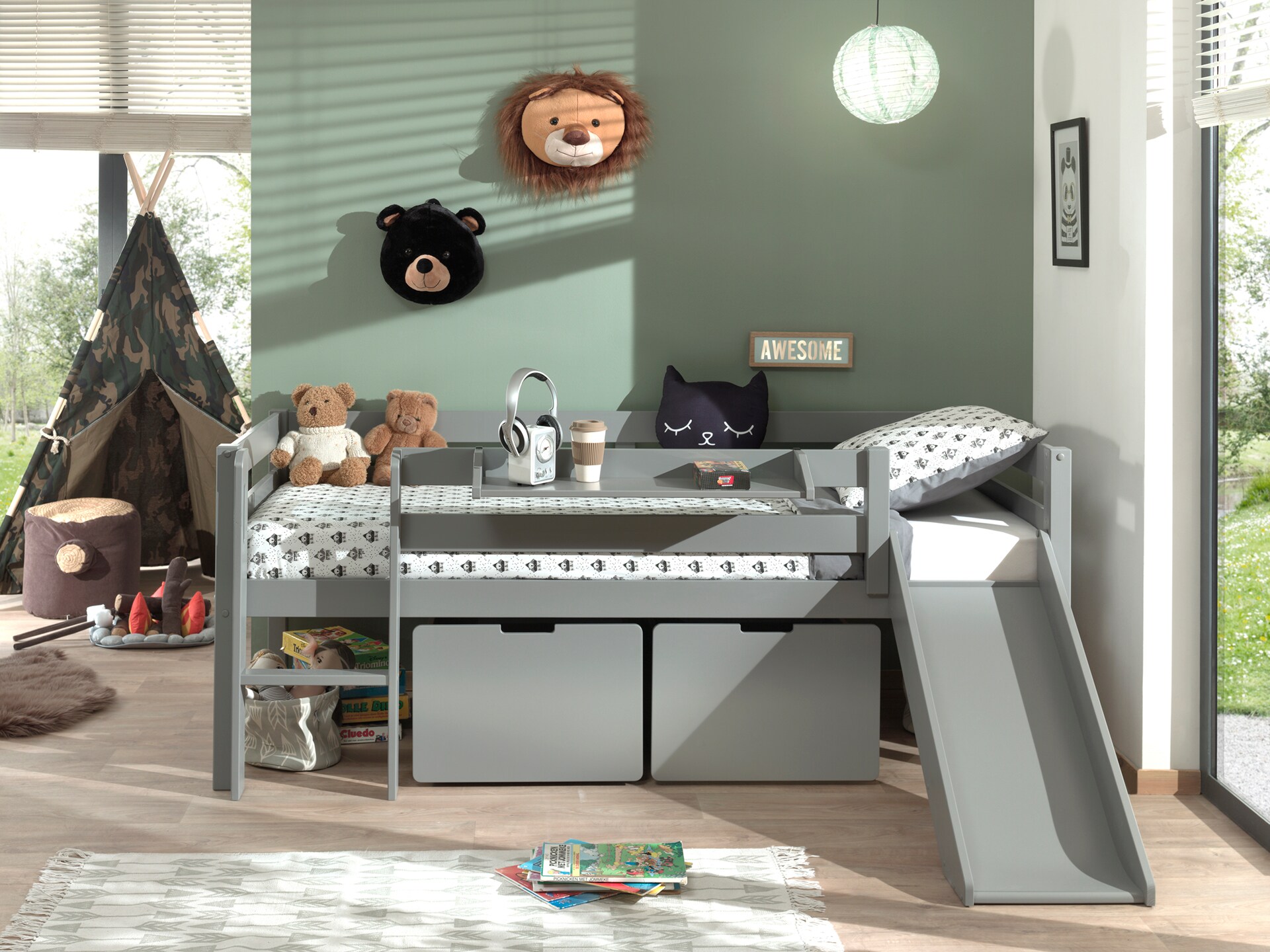 Kojen-Spielbett mit Liegefl&auml;che 90 x 200 cm, inkl. Leiter, Regal, Rutsche, Rolllattenrost und 2 Schubk&auml;sten, Kiefer und MDF grau lackiert 