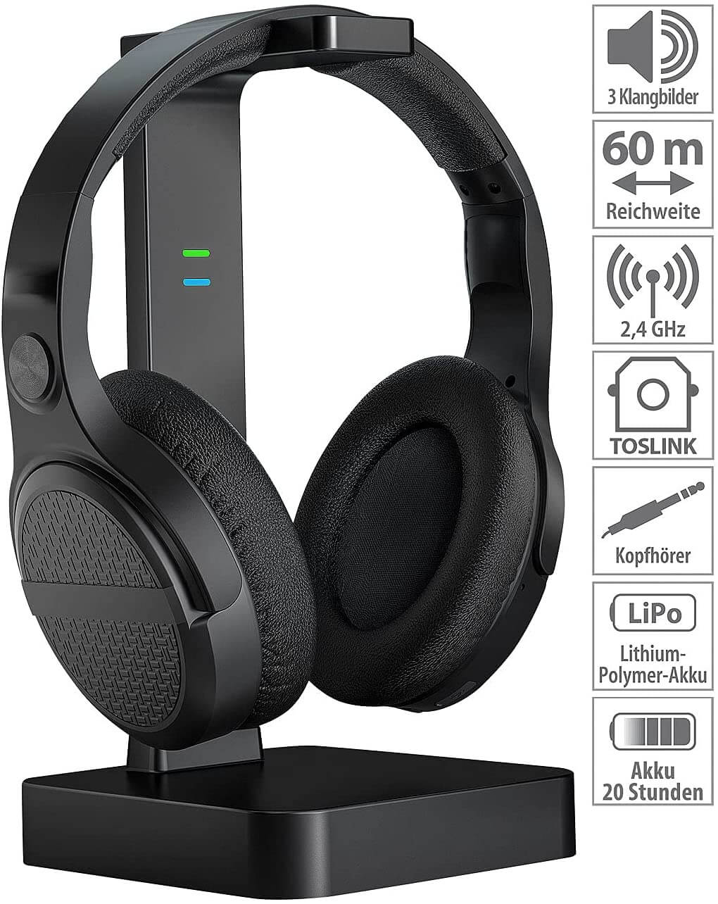 Auvisio OK-320, Digitaler Stereo-Funk-Kopfh&ouml;rer mit Akku & DSP 2in1-Ladestation 