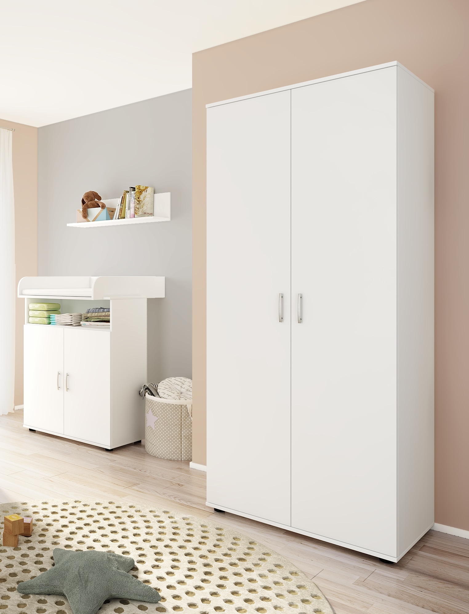 nonjoo. Babyzimmer Lunis Kleiderschrank 2-trg., mit Fachb&ouml;den und Kleiderstange 