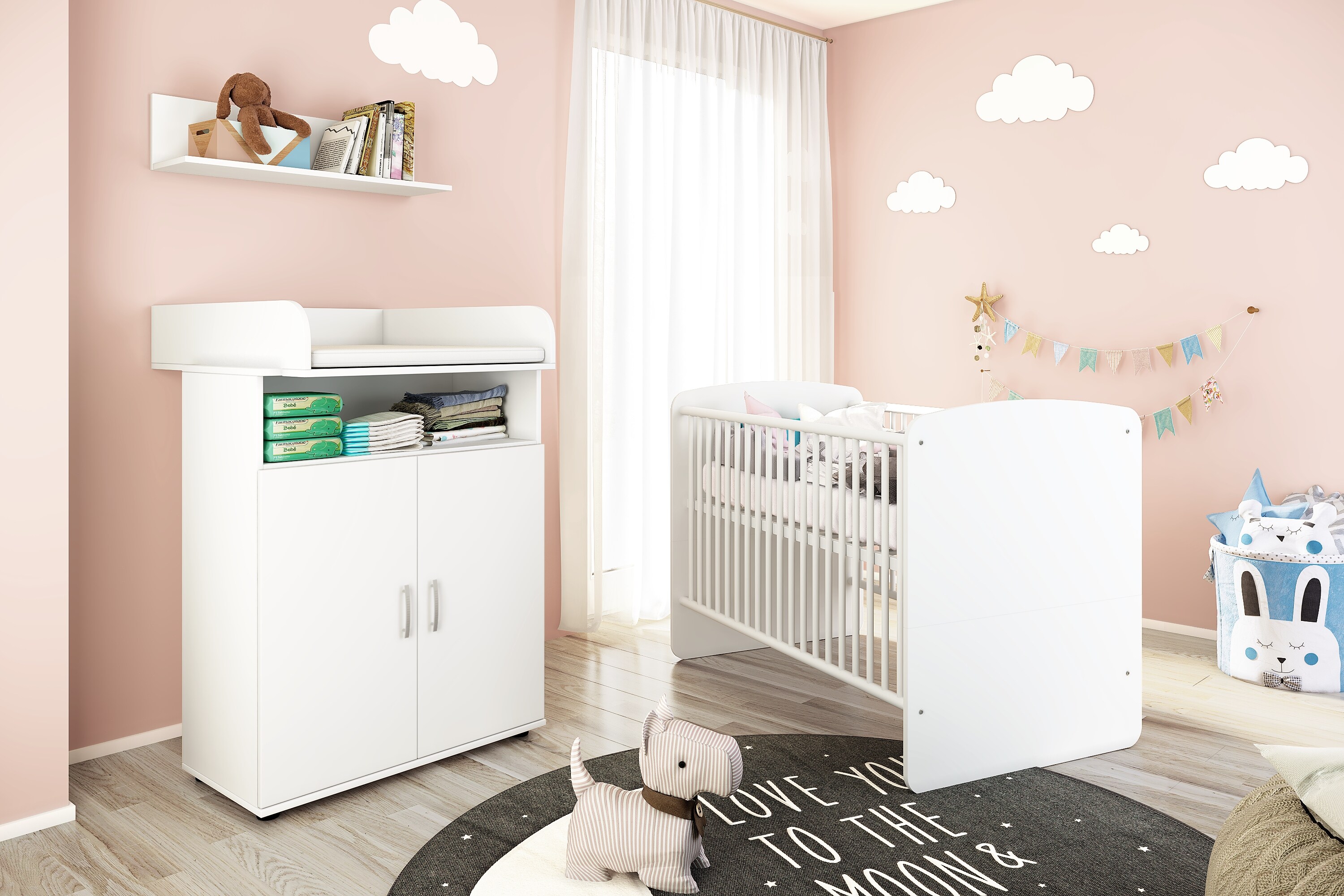 nonjoo. Babyzimmer Lunis Set 1: best. aus Babybett, Kommode, Wickelaufsatz und Wandboard 