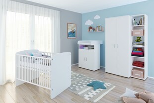 nonjoo. Babyzimmer Lunis Set 5: best. aus Babybett, Kommode, Wickelaufsatz, Wandboard, Regal mit 6 Fächern und Kleiderschrank 2-trg. 