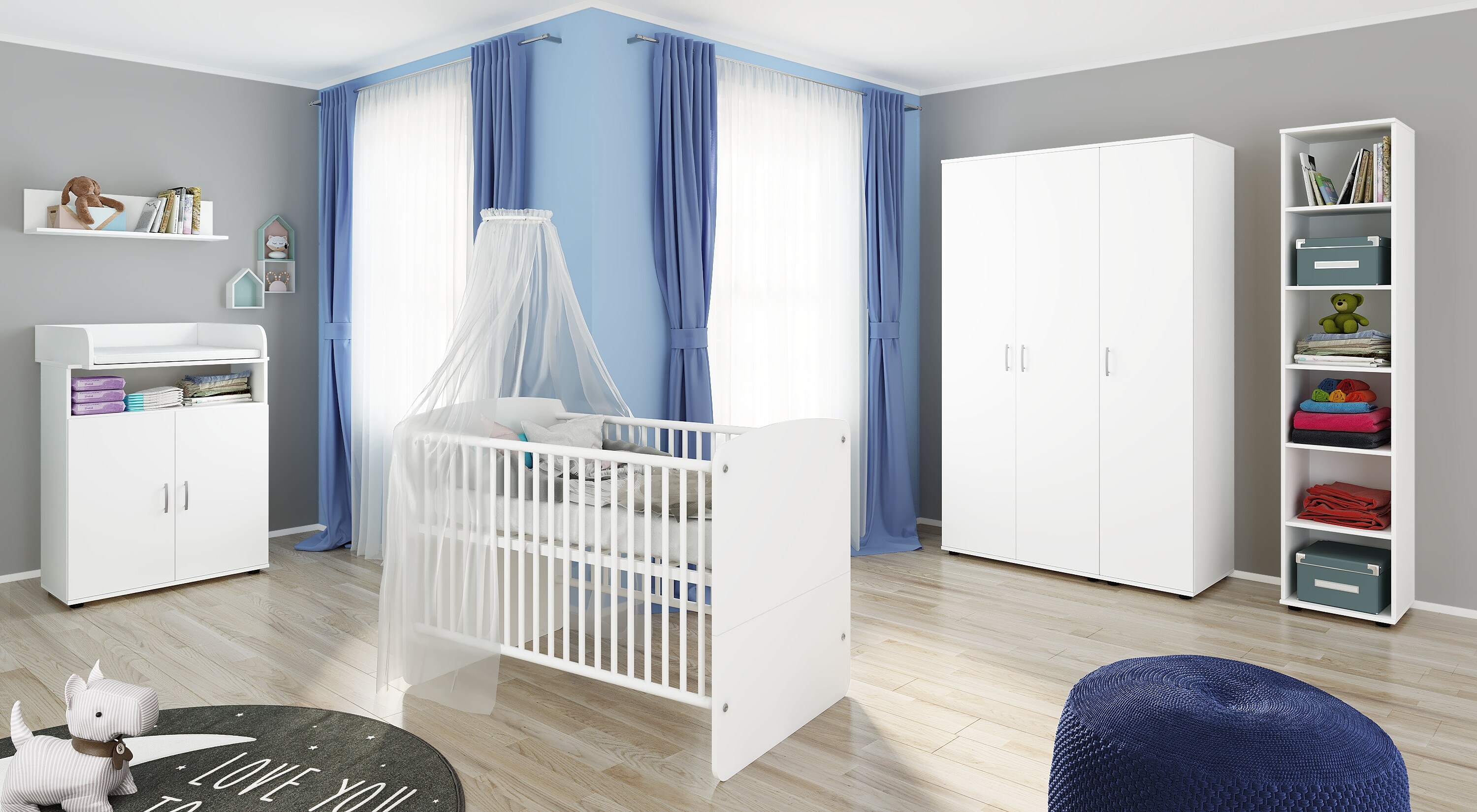 nonjoo. Babyzimmer Lunis Set 9: best. aus Babybett, Kommode, Wickelaufsatz, Wandboard, Regal mit 6 F&auml;chern und Kleiderschrank 3-trg. 