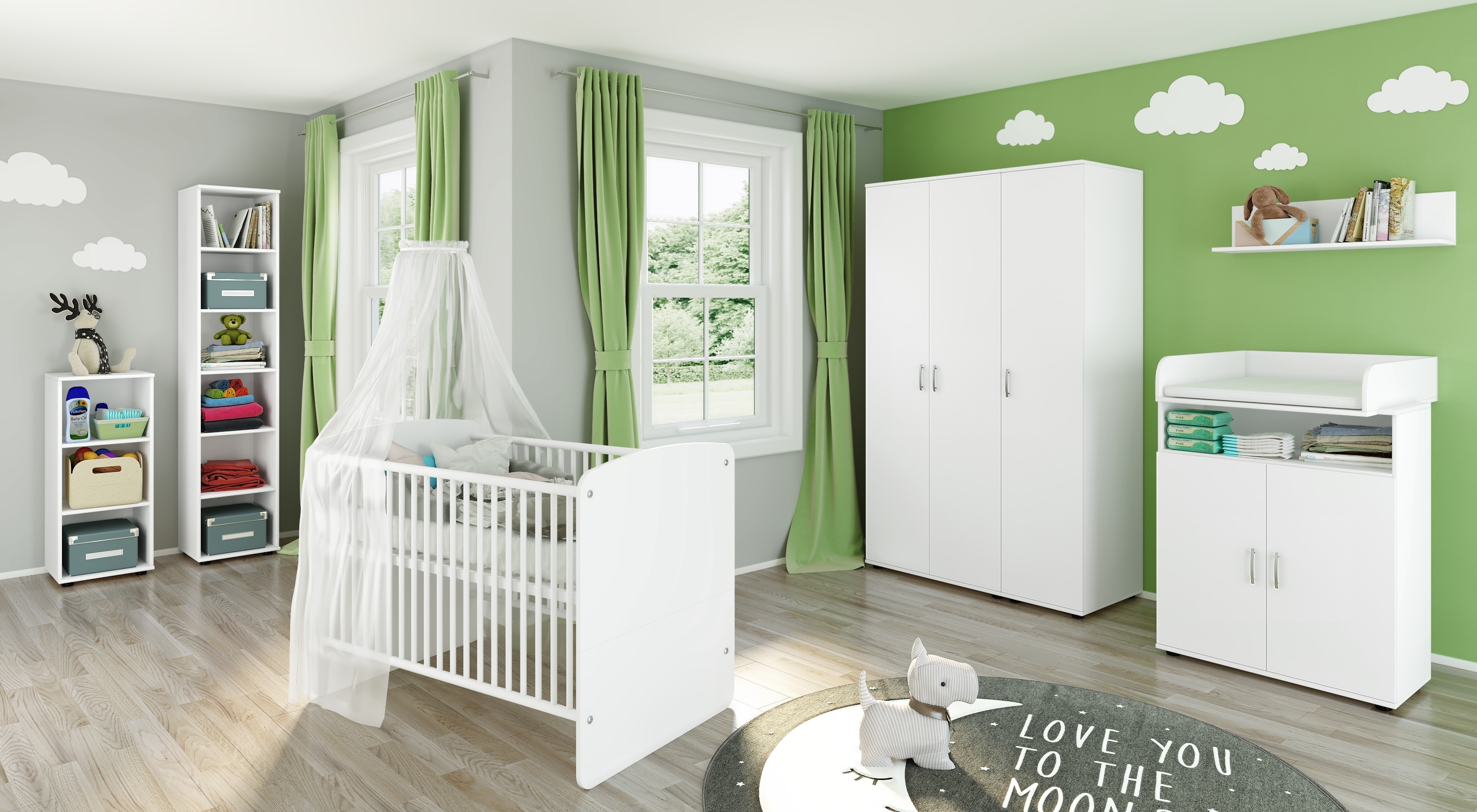 nonjoo. Babyzimmer Lunis Set 10: best. aus Babybett, Kommode, Wickelaufsatz, Wandboard, Regal mit 3 F&auml;chern, Regal mit 6 F&auml;chern und Kleiderschrank 3-trg. 