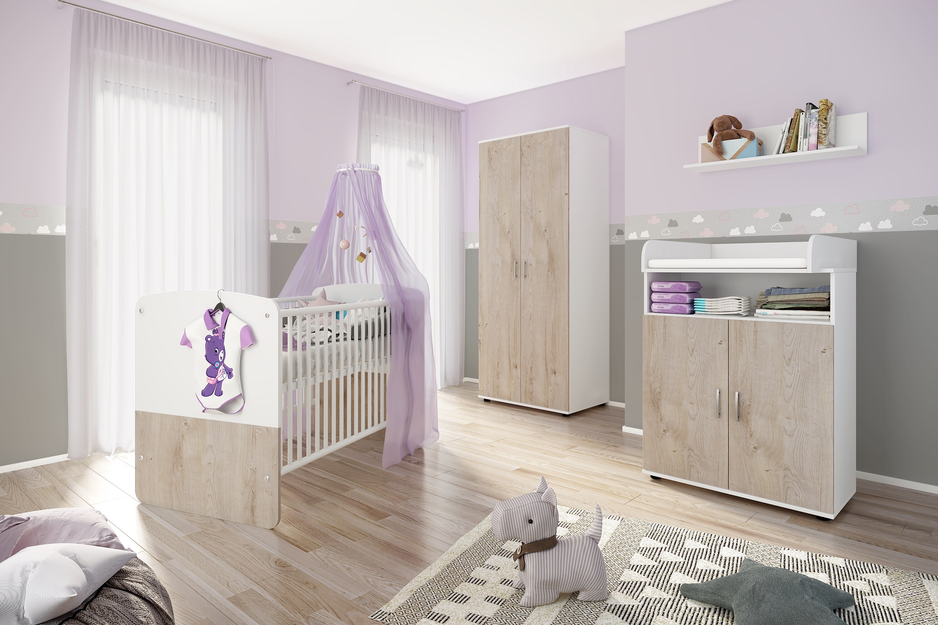 nonjoo. Babyzimmer Hanna Set 3: best. aus Babybett, Kommode, Wickelaufsatz, Wandboard und Kleiderschrank 2-trg. 