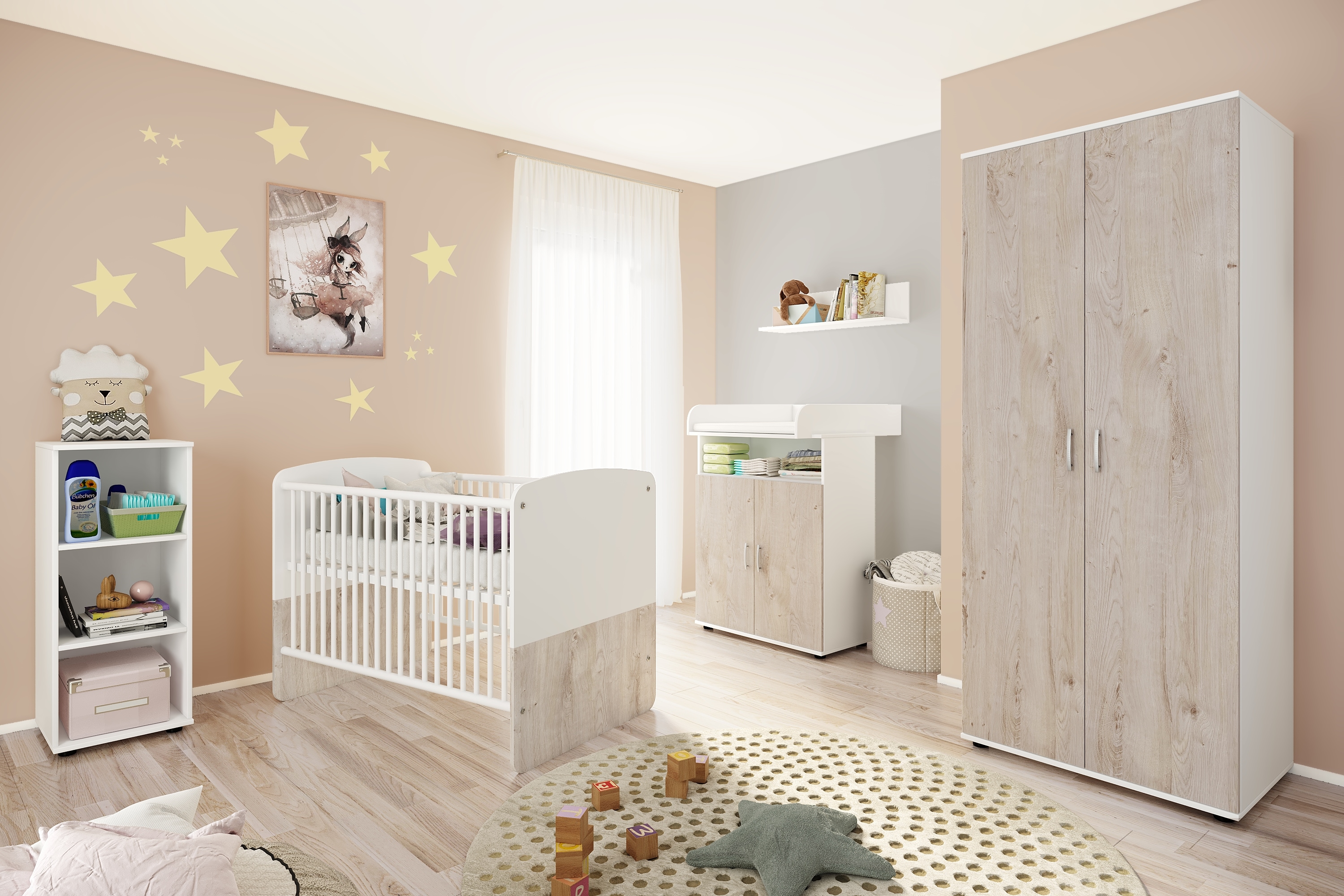 nonjoo. Babyzimmer Hanna Set 4: best. aus Babybett, Kommode, Wickelaufsatz, Wandboard, Regal mit 3 F&auml;chern und Kleiderschrank 2-trg. 