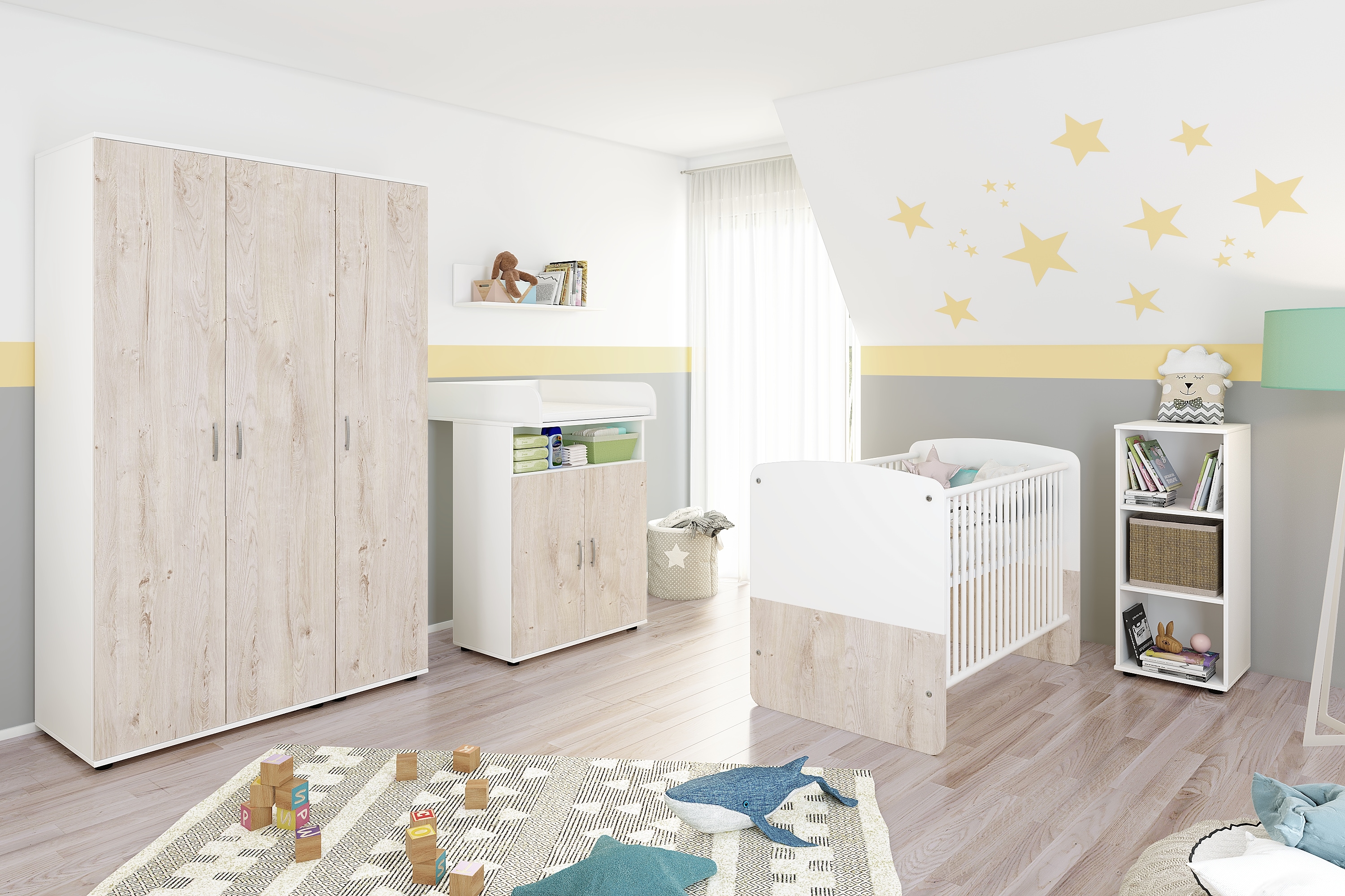 nonjoo. Babyzimmer Hanna Set 8: best. aus Babybett, Kommode, Wickelaufsatz, Wandboard, Regal mit 3 F&auml;chern und Kleiderschrank 3-trg. 